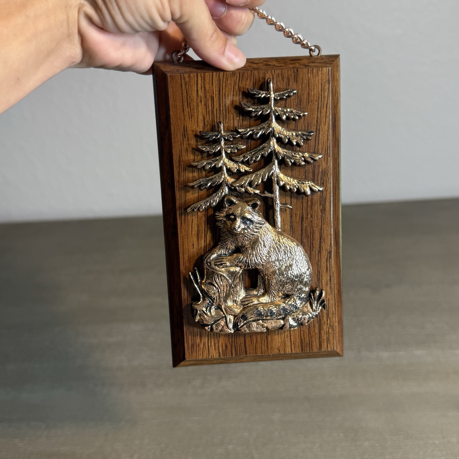 Vintage A&F 3D Copper Tone Raccoon Wood Relief Wall Plaque Canada