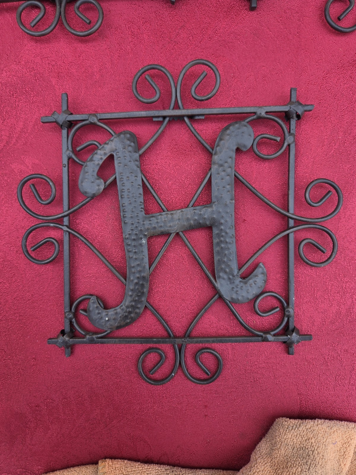 Vintage Metal HOME Sign Wall Decor Letters 4 Panel Wrought Iron Scroll Squares