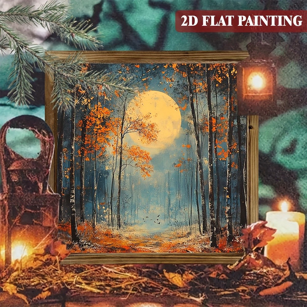 Wooden Frame Print Full Moon Autumn Forest Night Oil Painting Wall Decor