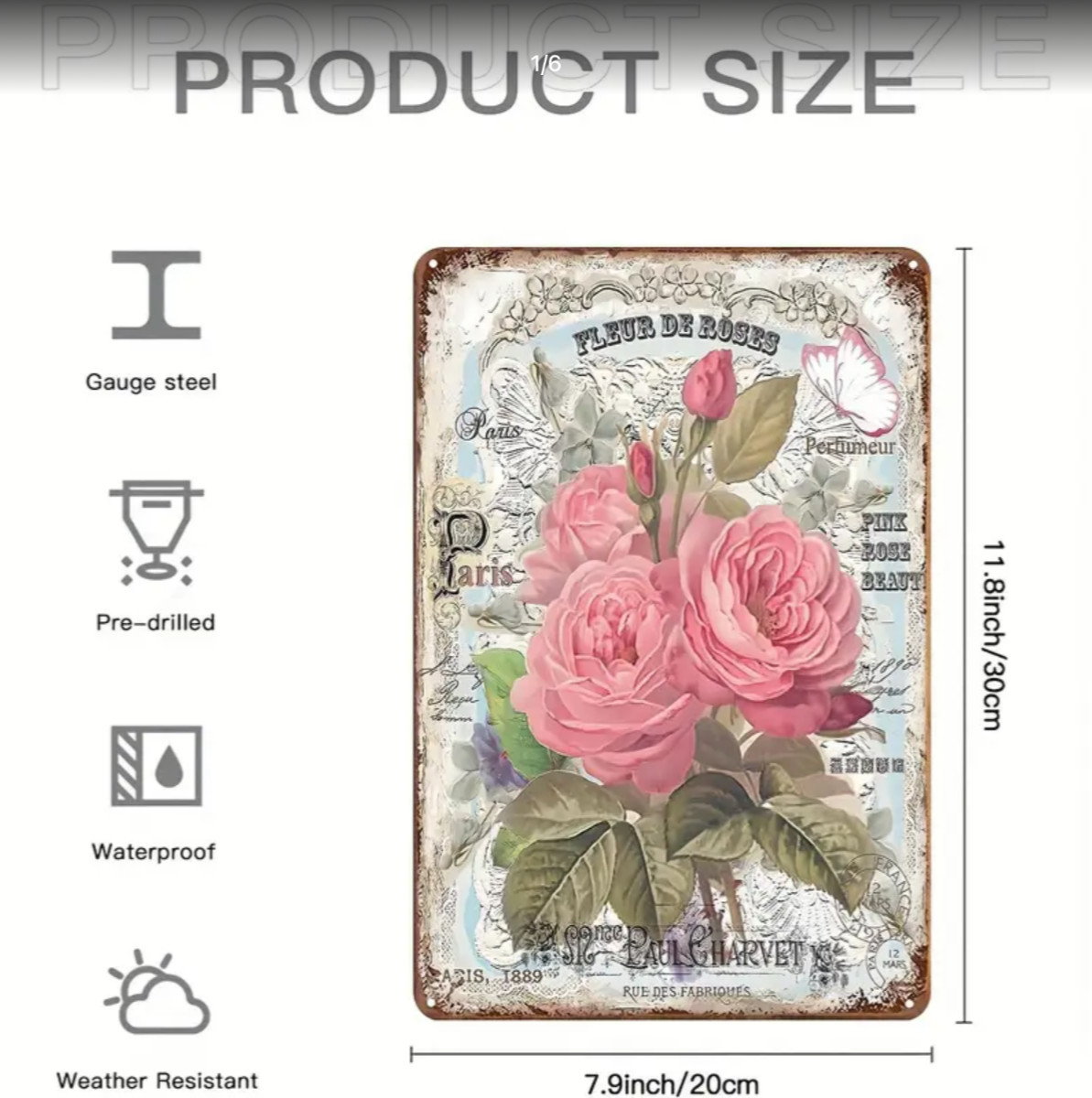 Vintage Metal Sign French Country Floral FLEUR DE ROSES 8 x 12