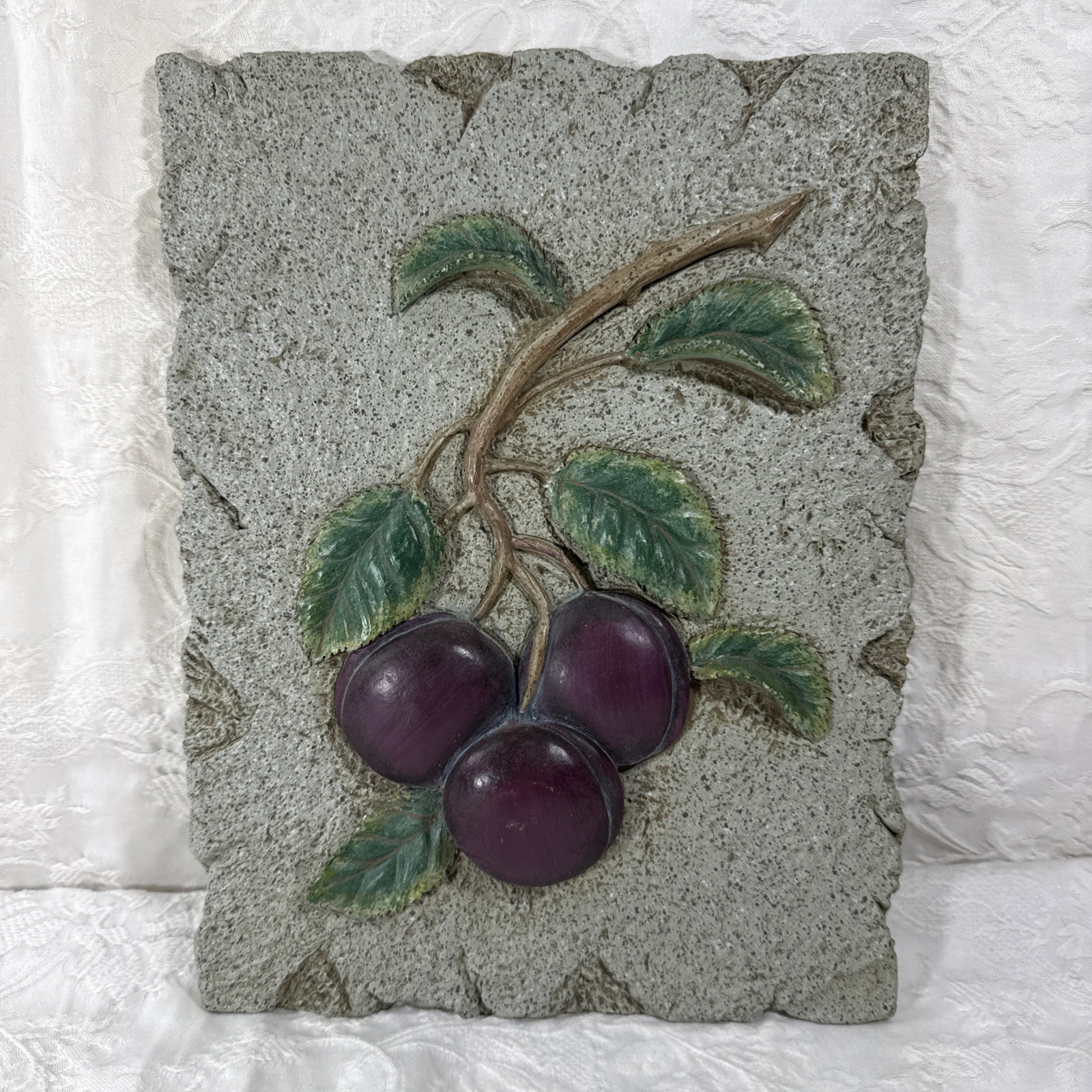 Sculpted Purple Plum Branch Fruit Wall Plaque Green Leaves 10.5”x 8” 2.5 Lbs