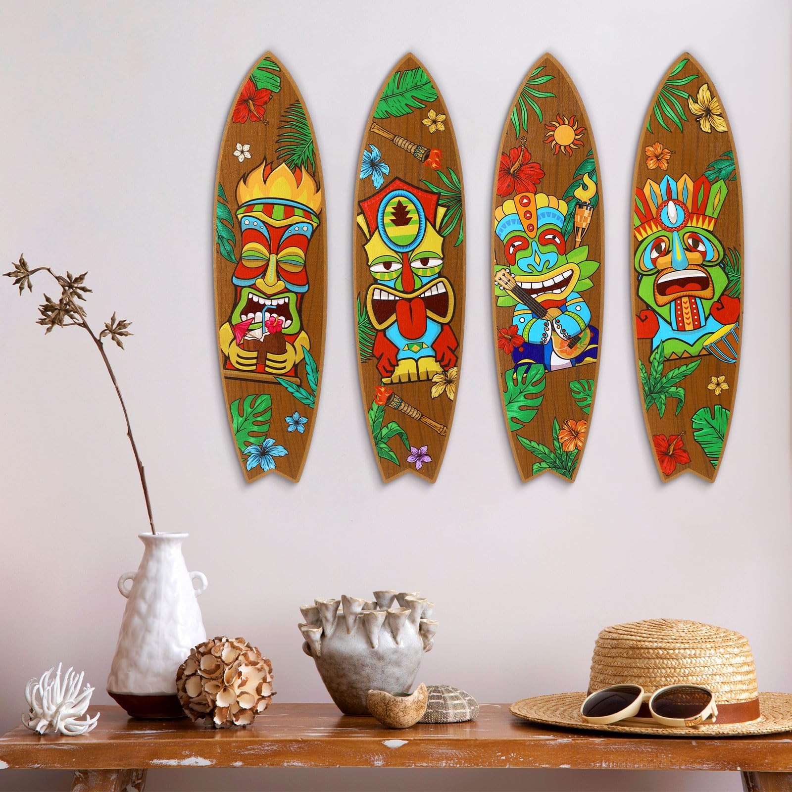 4 Pcs Tiki Surfboard Wall Decor Surfboard Wall Hanging Sign Wooden Beach Deco…