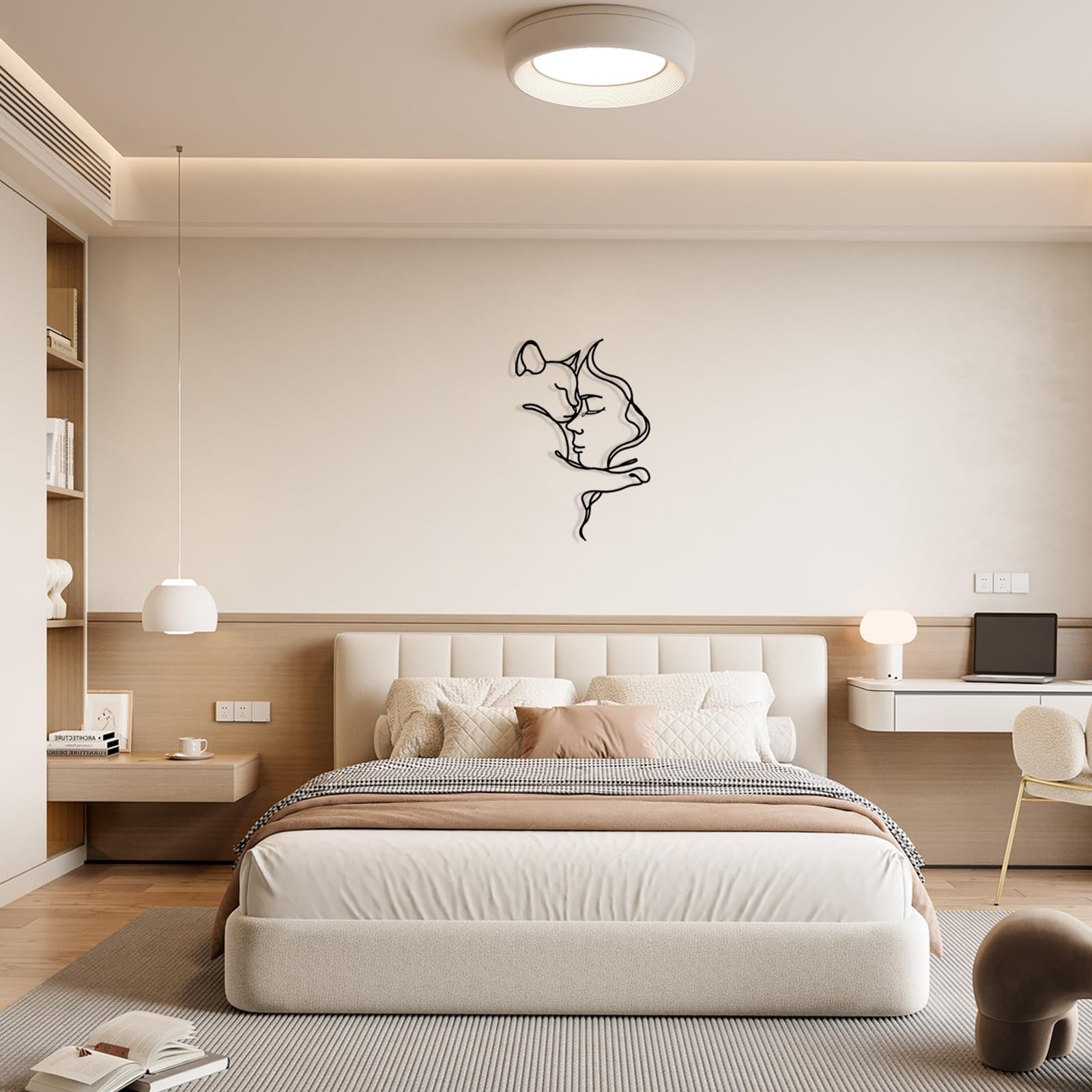 Metal Art Wall Decor – Beautiful Woman and Cat Line Decoration – Elegant