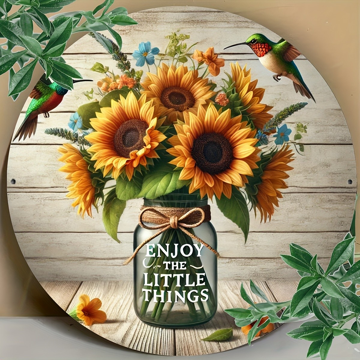 Sunflowers And Hummingbirds 2D Wall Art: Tin Metal Signs 8X8 Inch (20X20Cm) with