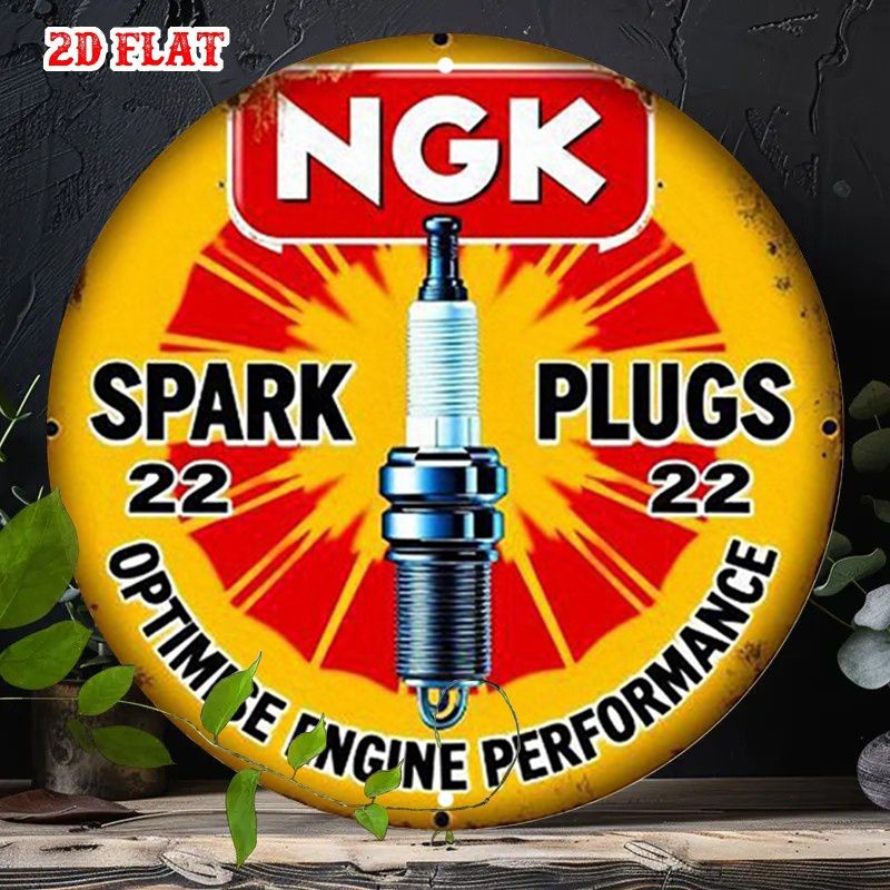 Retro NGK Spark Plugs Metal Sign Round Automotive Man Cave Plaque Decoration