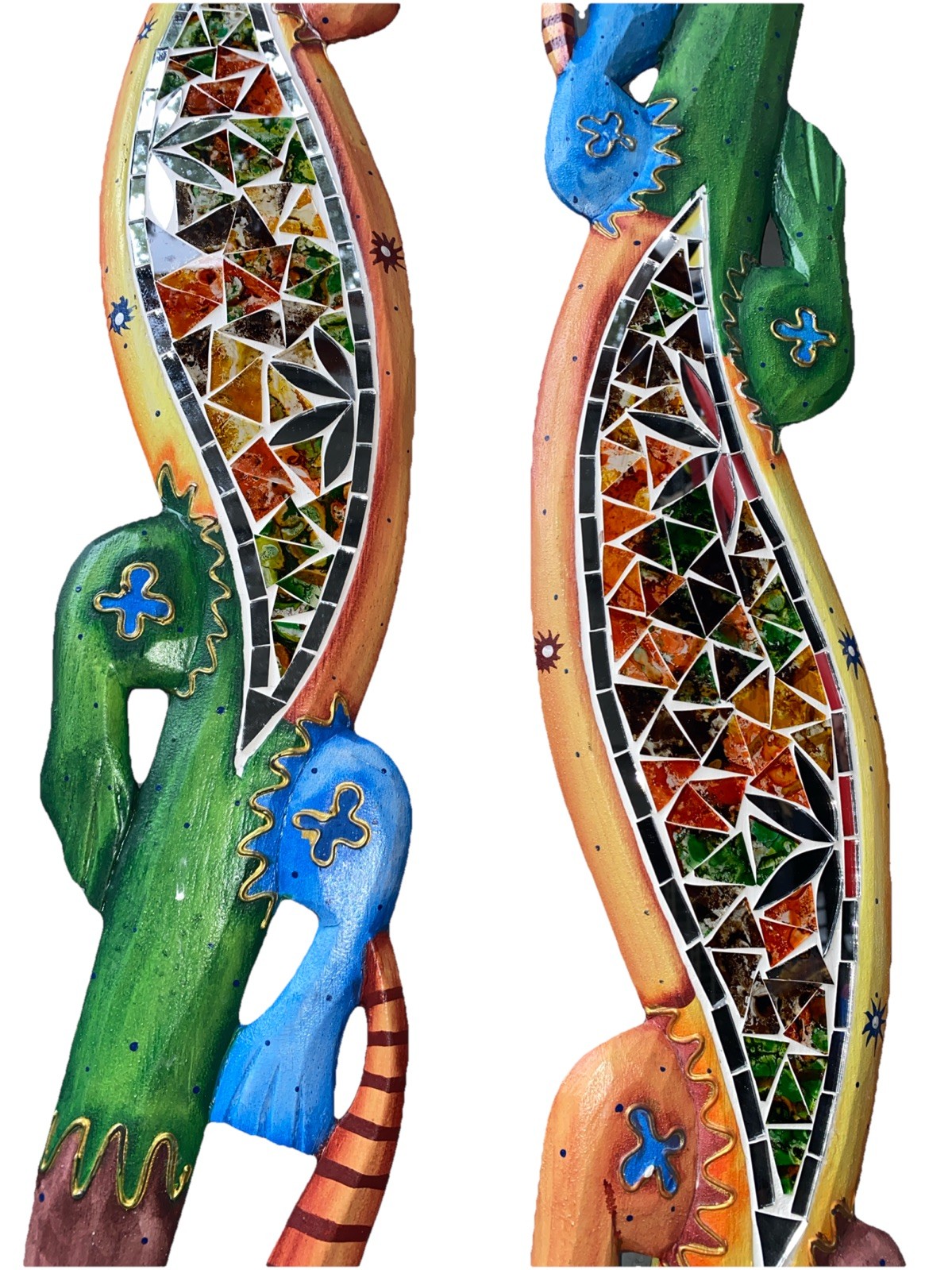 2 40” GECKOS STAINED GLASS HAND CARVED WOOD WALL ART TROPICAL TIKI BAR DECOR