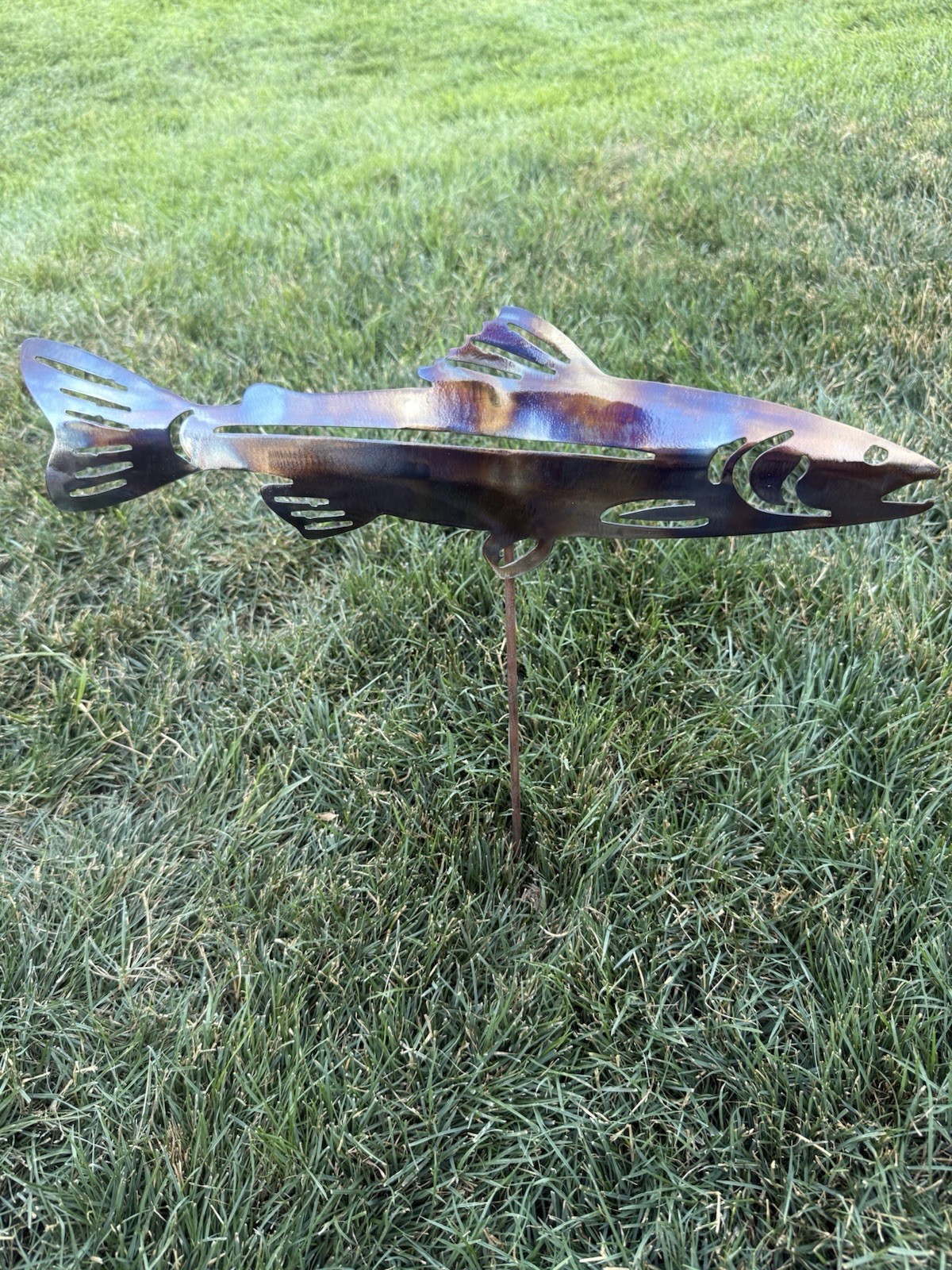Metal Fish Wall, Yard art flame finish high gloss clear coat. Hand bent for 3-fx