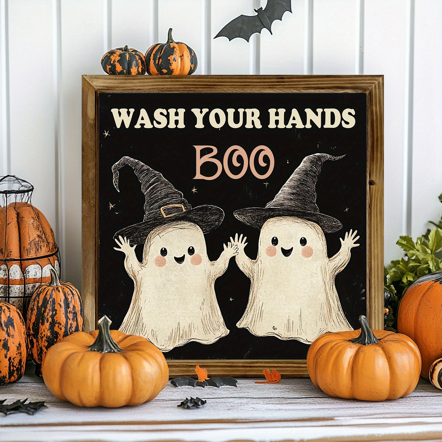 Wooden Frame Print Wash Your Hands Boo Ghost Witch Hat Halloween Wall Decor