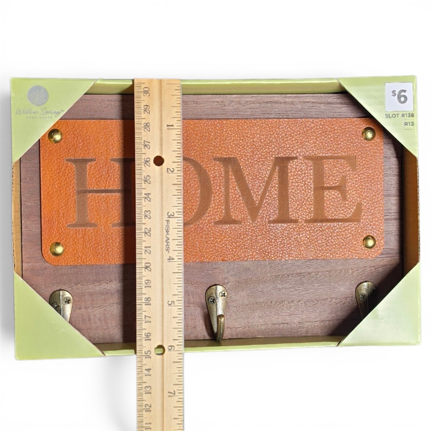 HOME Wood Wall Hook Sign Genuine Leather Rustic Farmhouse 3 Hooks New in Box