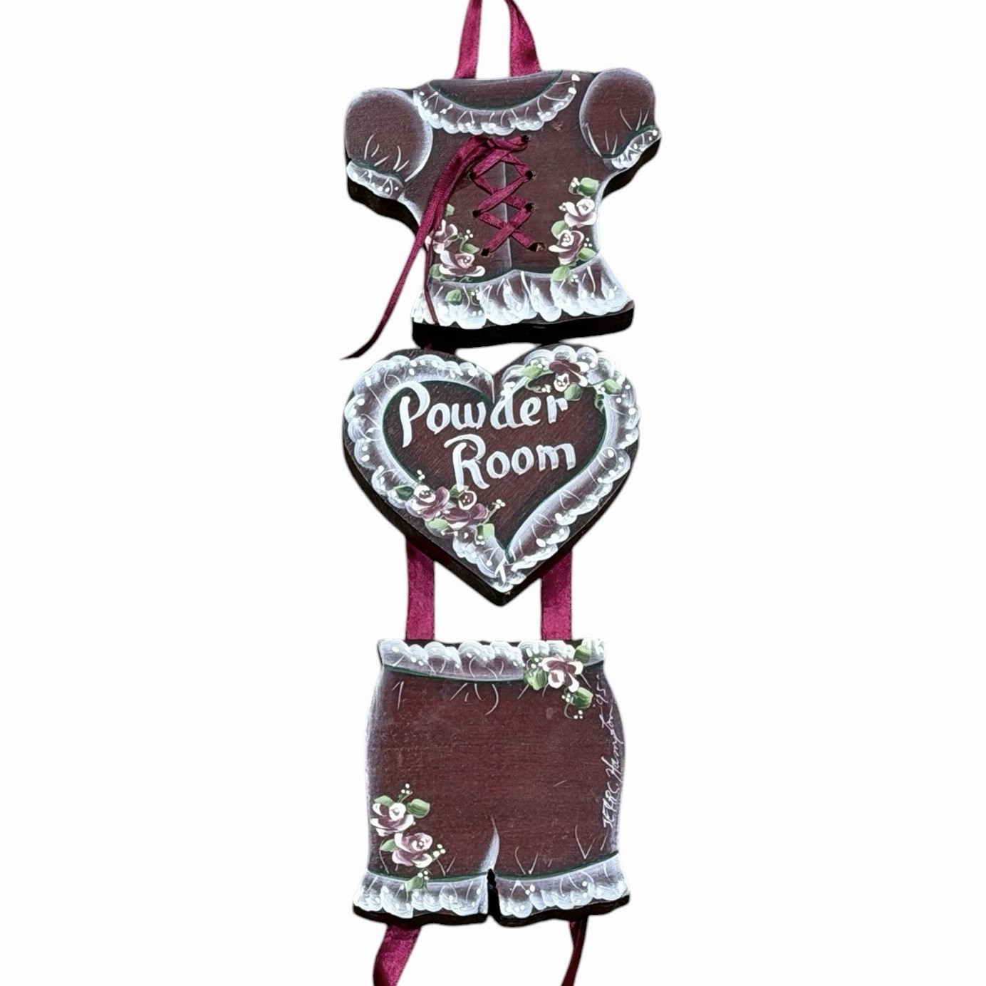 Vintage Wooden Hanging Powder Room Sign Heart Farmhouse Hand Painted Cottage