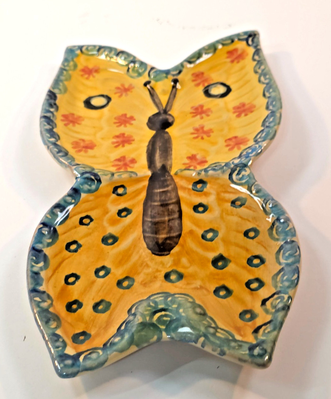MCM Italian Ceramic Butterfly Wall Art Hand Painted Yellow Blue 9″ Decor
