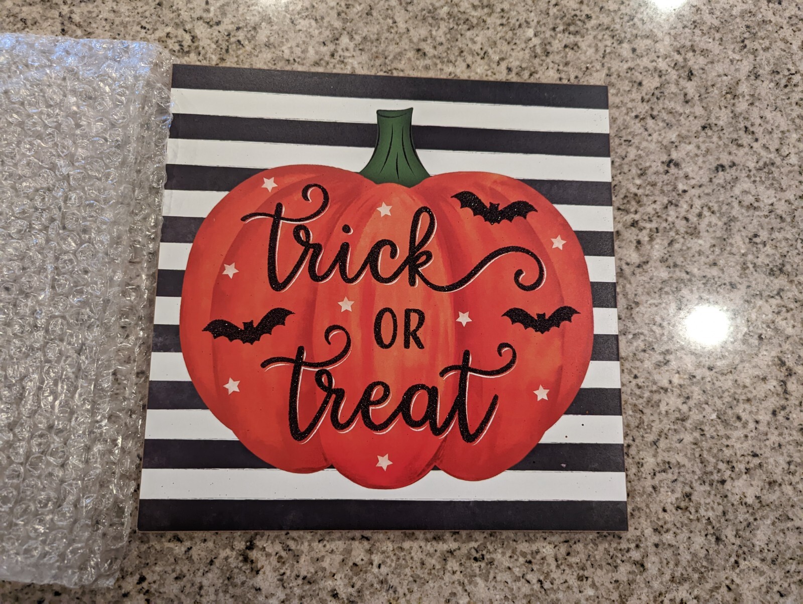 Trick or Treat Glitter Sign, Halloween, Pumpkin/Stars/Bats, BW Stripe, 10″ Squar