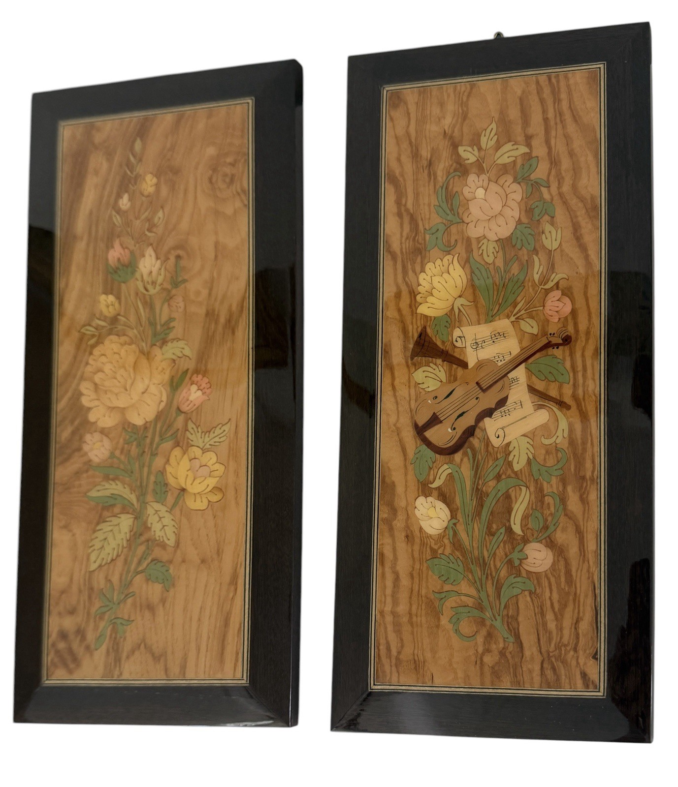 Vintage Italian Marquetry Wall Art Carved Wood Inlay Floral Violin Handcrafted