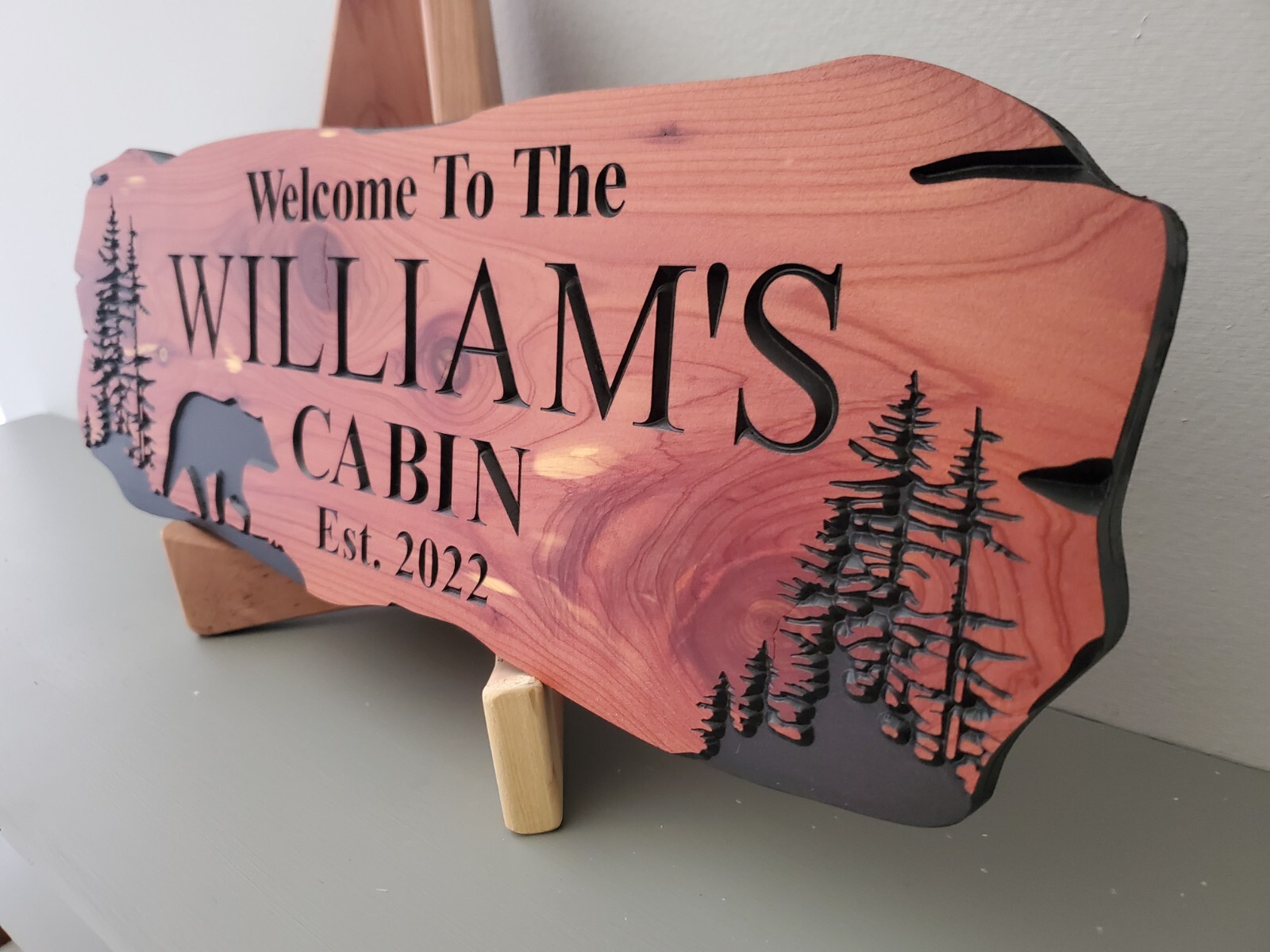 Custom Cabin Sign Carved Wood Name Bear Mountain Lake Home House Outdoor Plaque