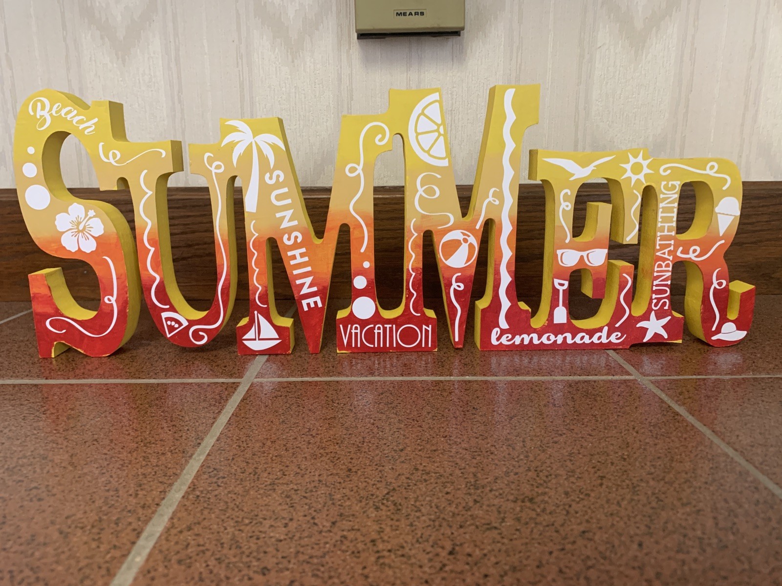 Decorative wood cutout with vinyl decals “SUMMER,” approx. 16.5″ long x 6″