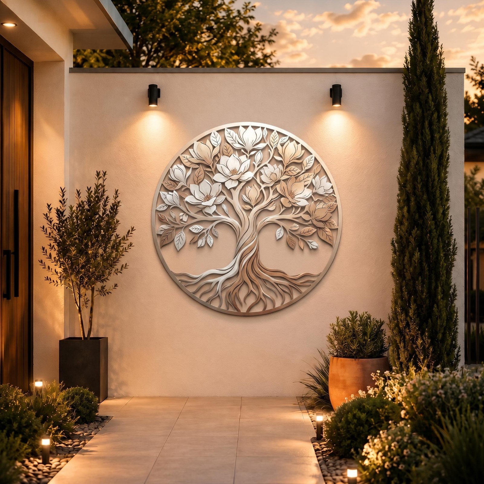 Floral Tree of Life Metal Sign, Large Magnolia Blossom Wall Decor