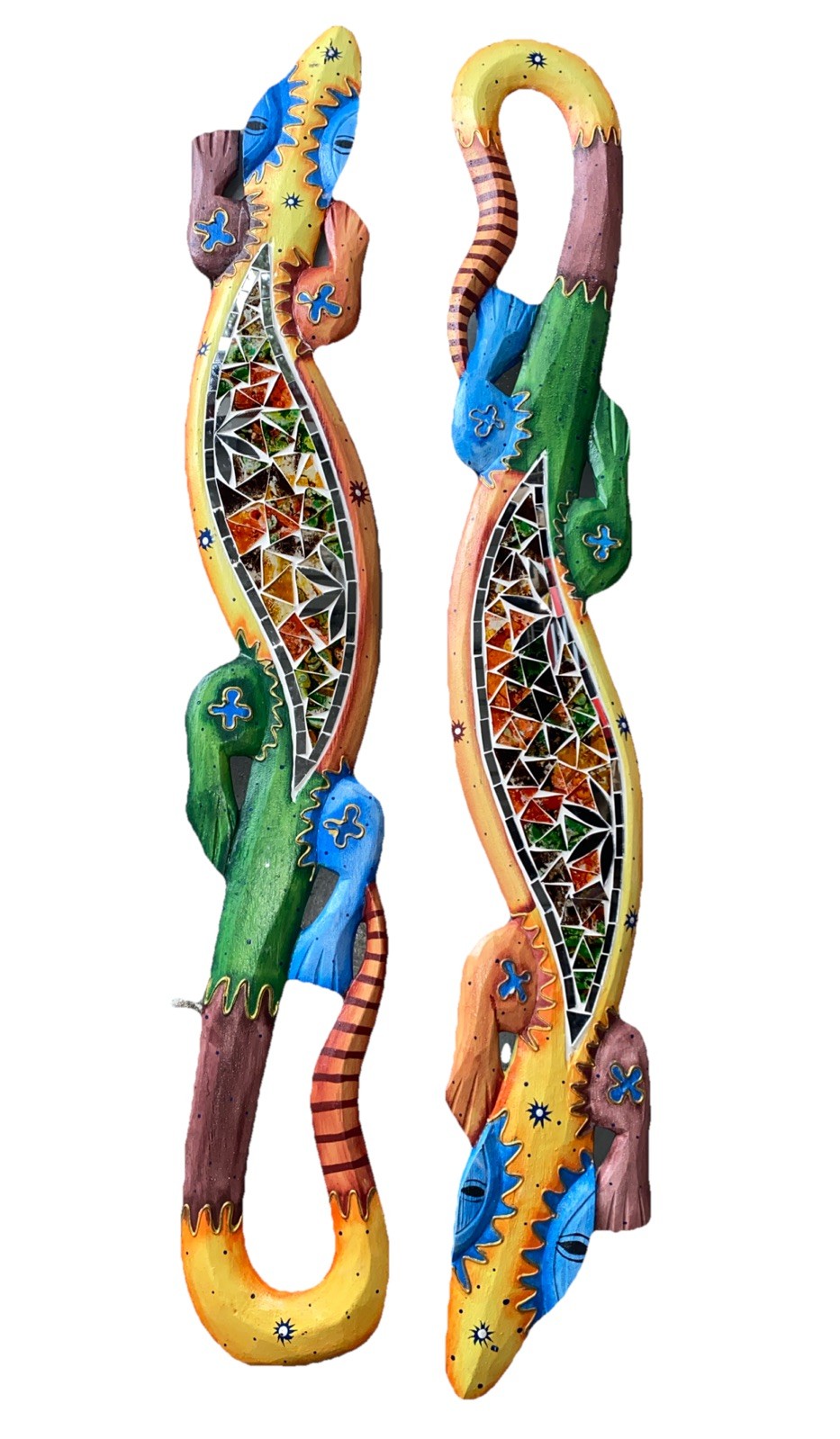 2 40” GECKOS STAINED GLASS HAND CARVED WOOD WALL ART TROPICAL TIKI BAR DECOR