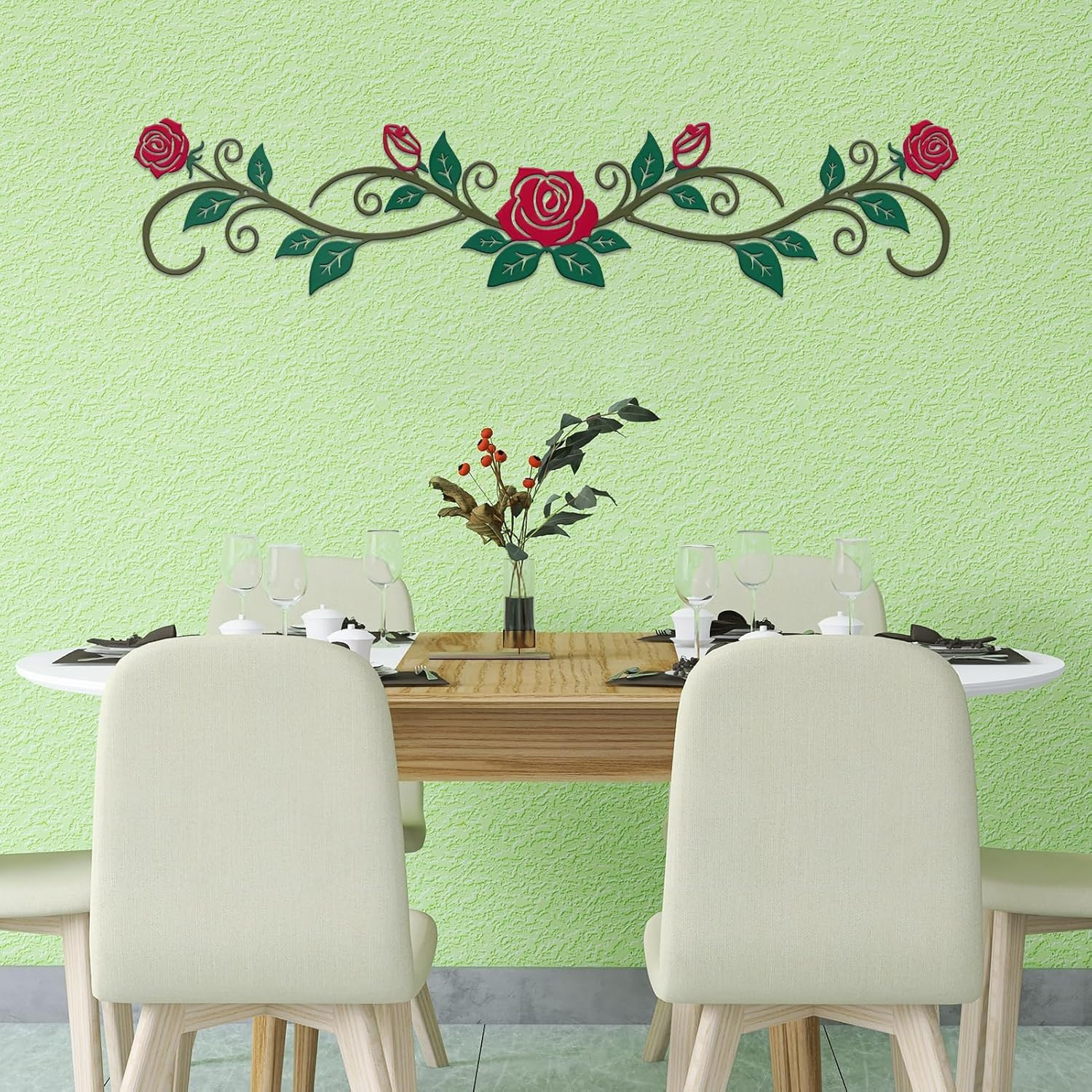 Large Metal Rose Wall Decor，Long Iron Scroll Vine Wall Art Above，Rustic
