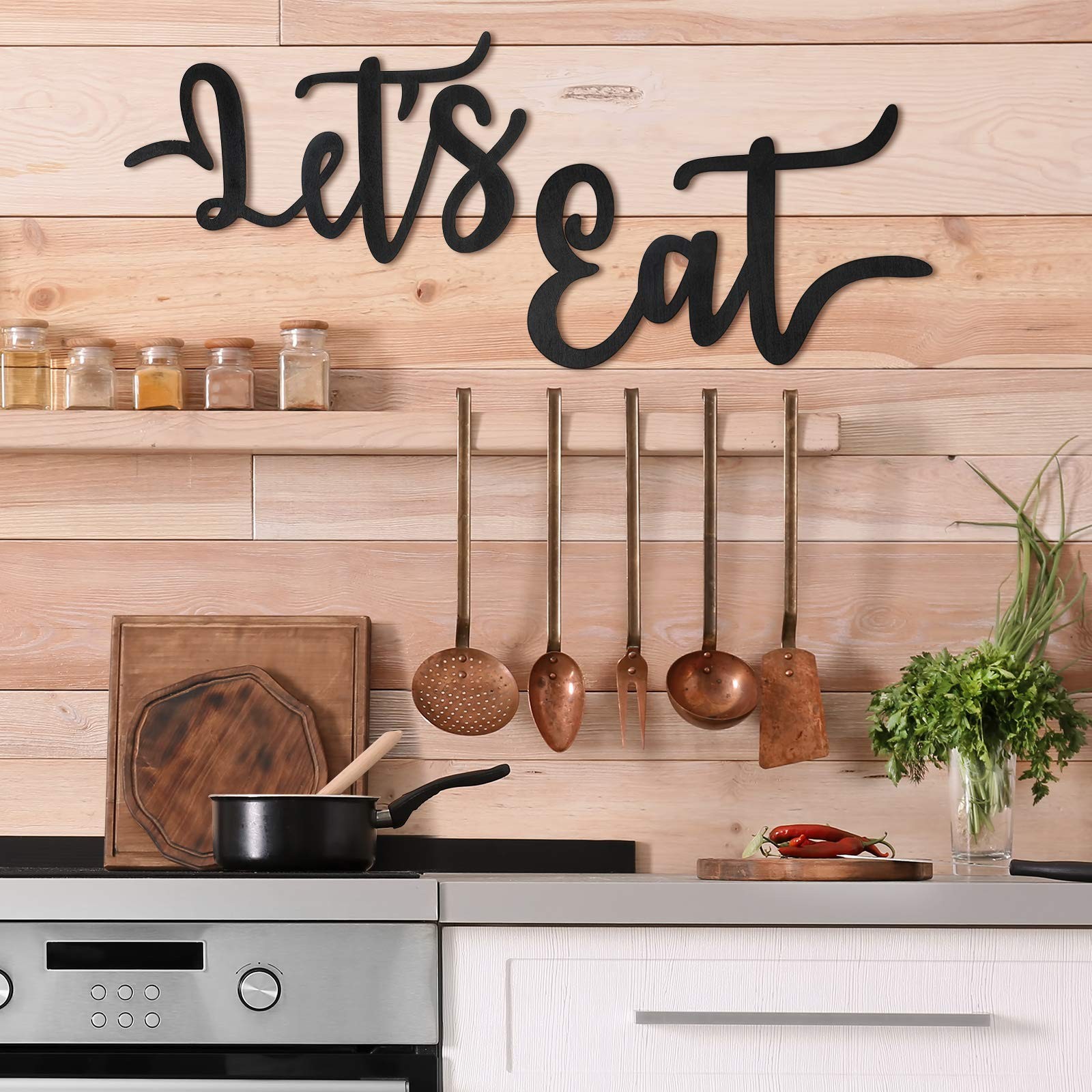 Jetec 2 Pieces Let’s Eat Sign Wooden Kitchen 13.78 x 7.48 x 0.1 inches, Black