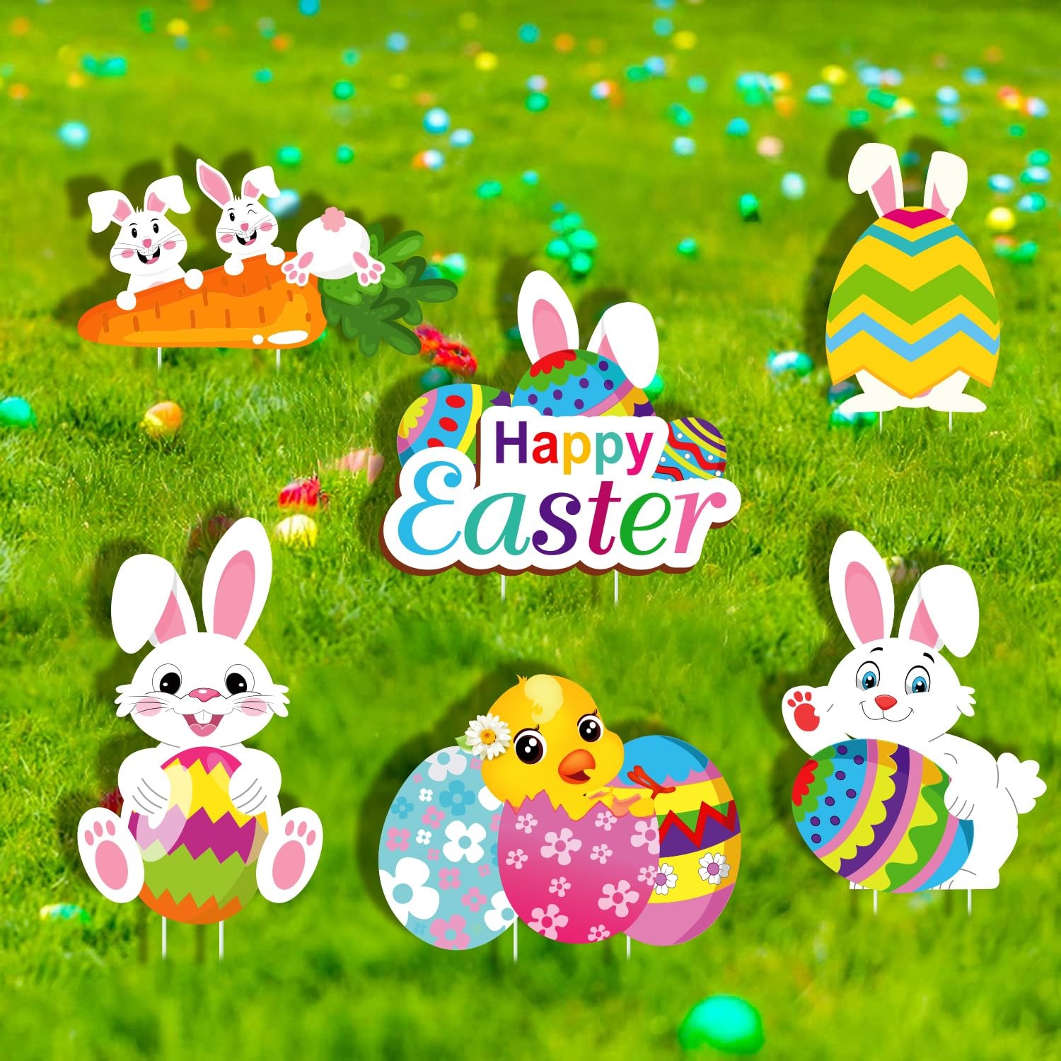 15 Inch Colorful Easter Yard Sign Cute Bunny Chick Egg Stakes Decor 6 PCS