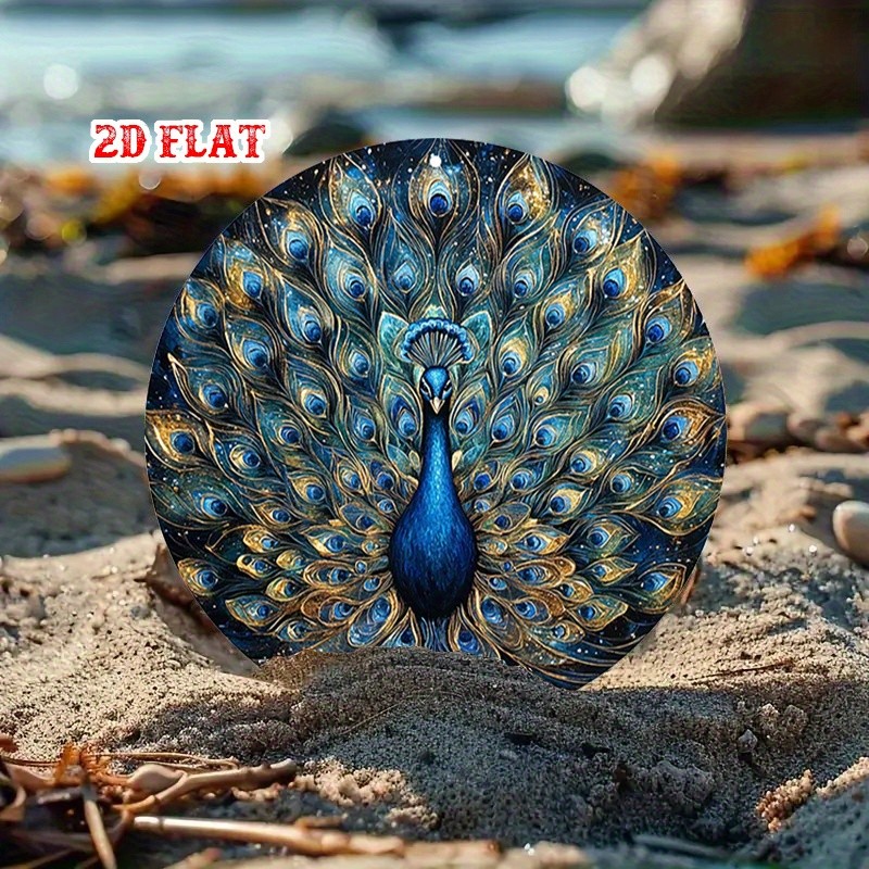 Decorative Metal Sign Luxurious Peacock with Blue and Gold Feathers Wall Art