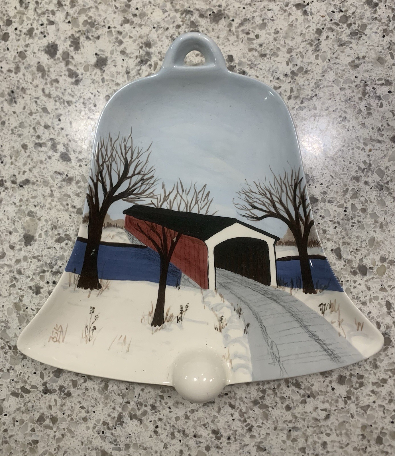 Hand painted Ceramic Bell Wall Plaque Winter Covered Bridge Billie Creek Village