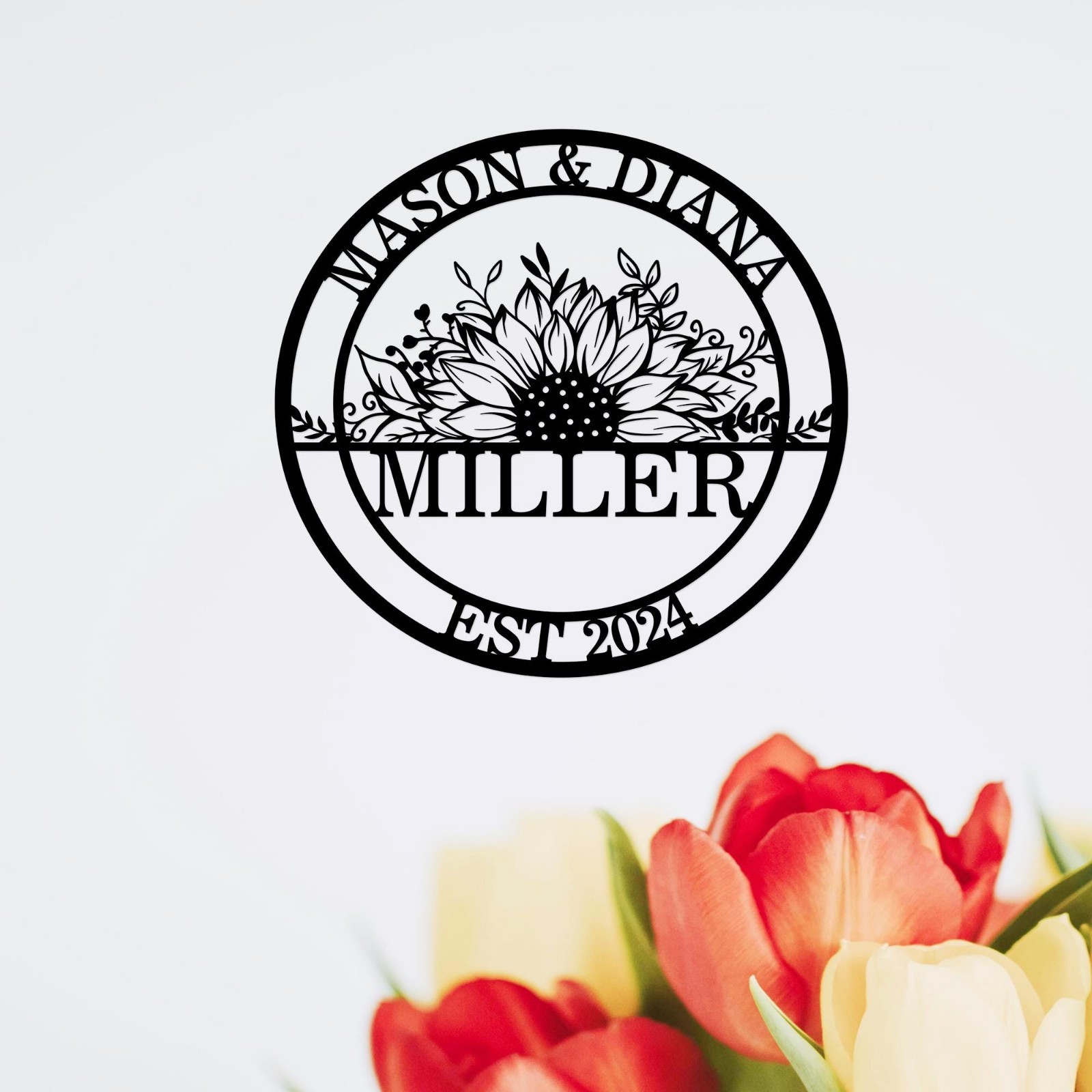 Personalized Family Name Metal Sign, Sunflower Wall Decor Gift