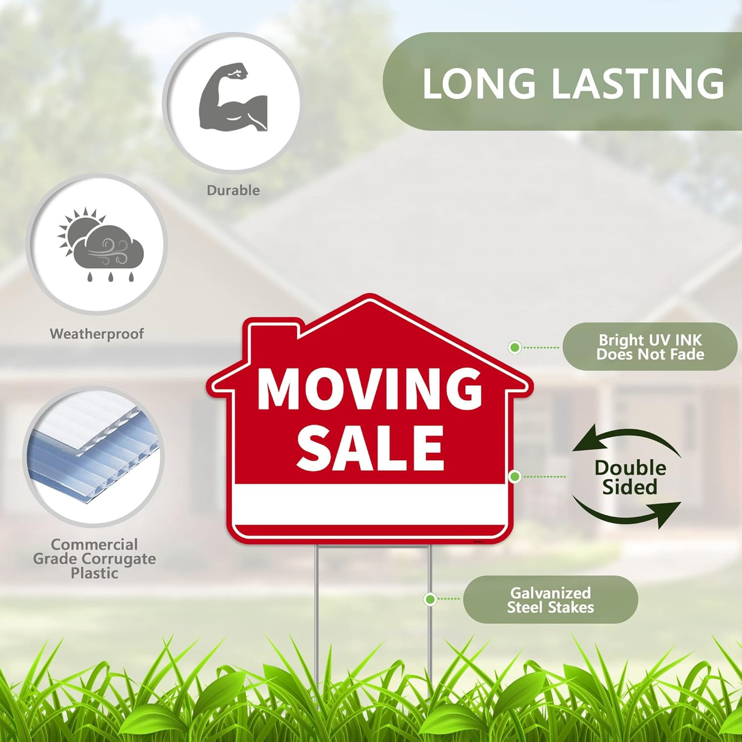 3PC Moving Sale Yard Sign with Stake, 17 Inches by 13 Inches – Double Sided Sign