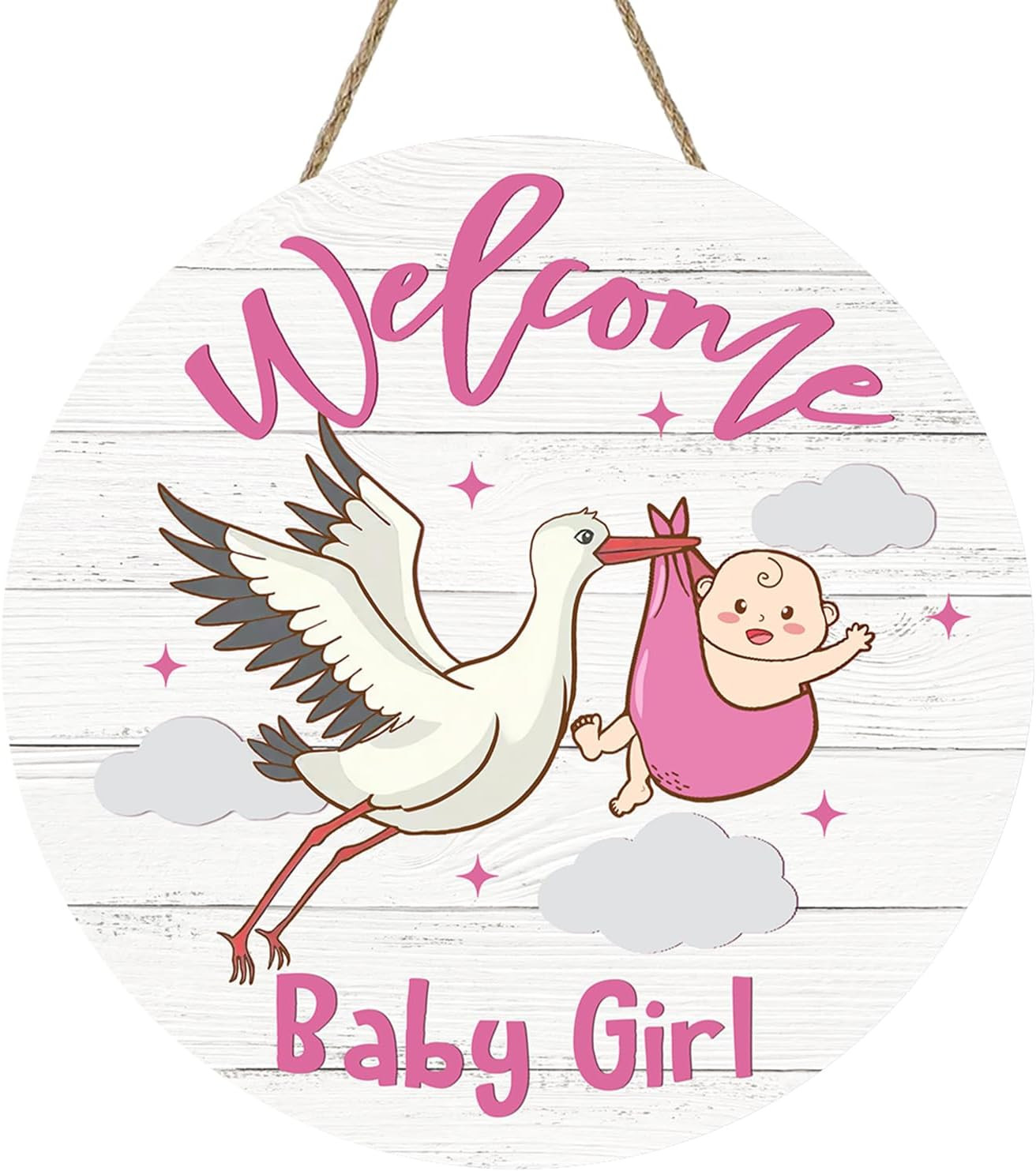 Welcome Baby Girls Front Door Sign, Newborn Baby Shower Stork Wood | Hanger Nurs