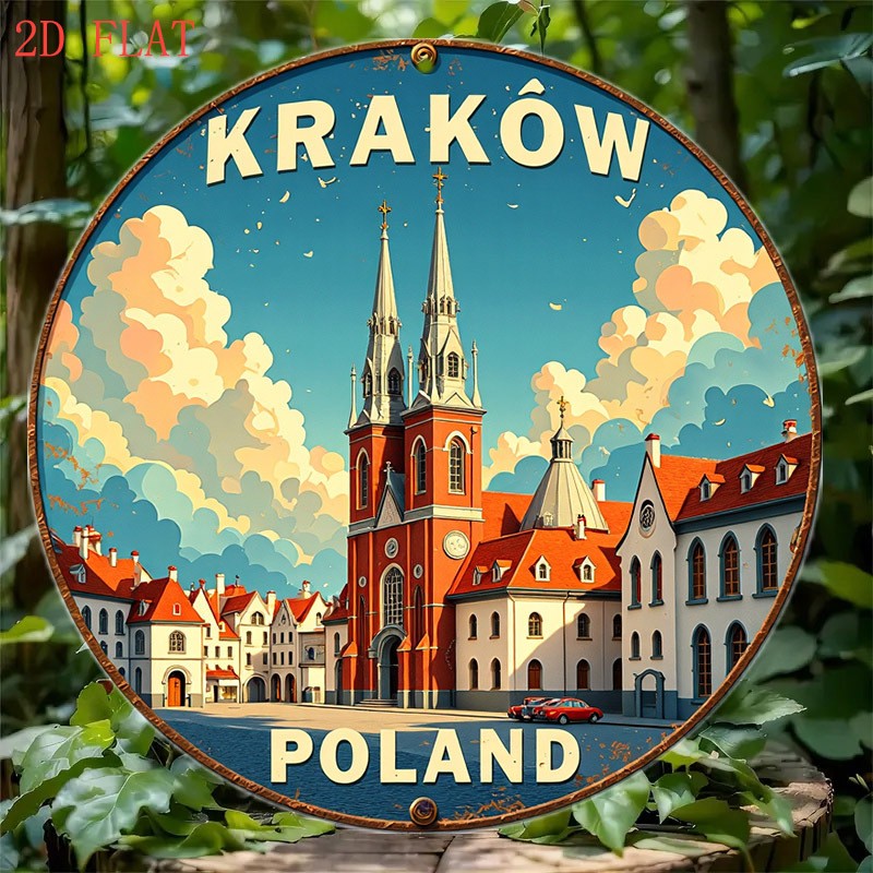 Aluminum Metal Sign 8 Inch Round Ancient Map Krakow Poland Wawel Funny