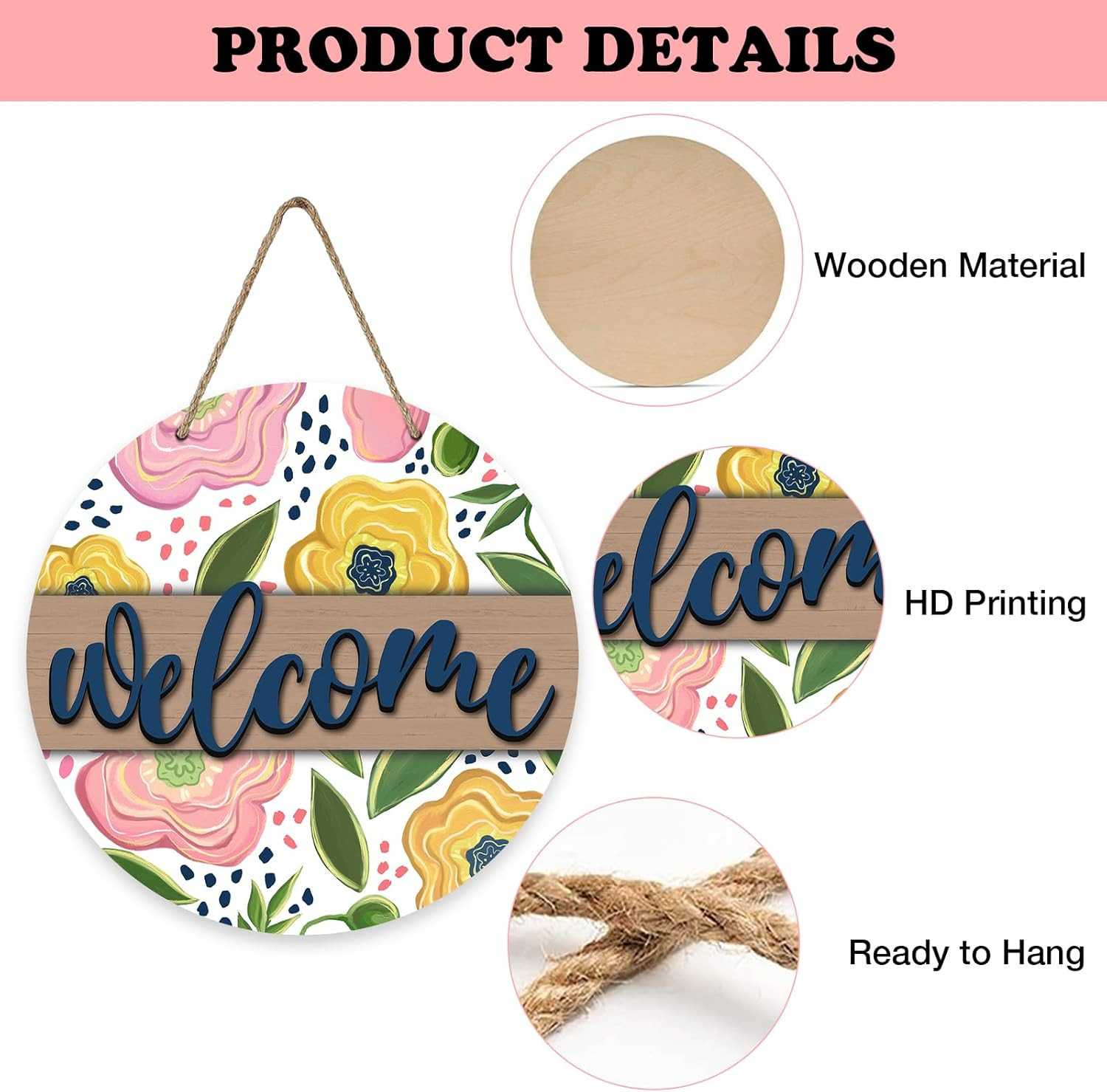 Welcome Spring Summer Flower Front Door Sign, Pink Yellow Floral Wood Door