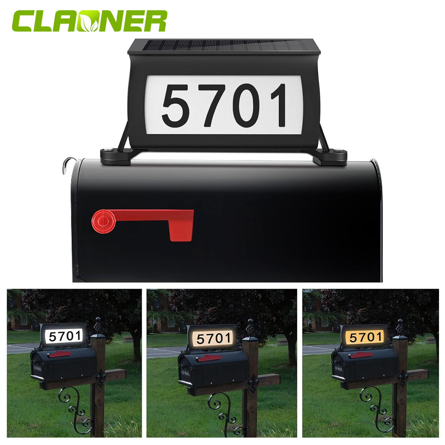 CLAONER Solar Address Sign Mailbox House Number Plaque Double Side 3 Light Color