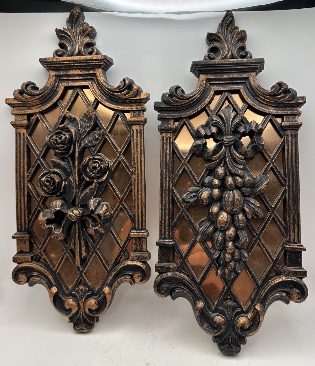 (2) Two Vintage Copper Craft Guild Wall Art Hanging Plaques 13.5” Floral Decor