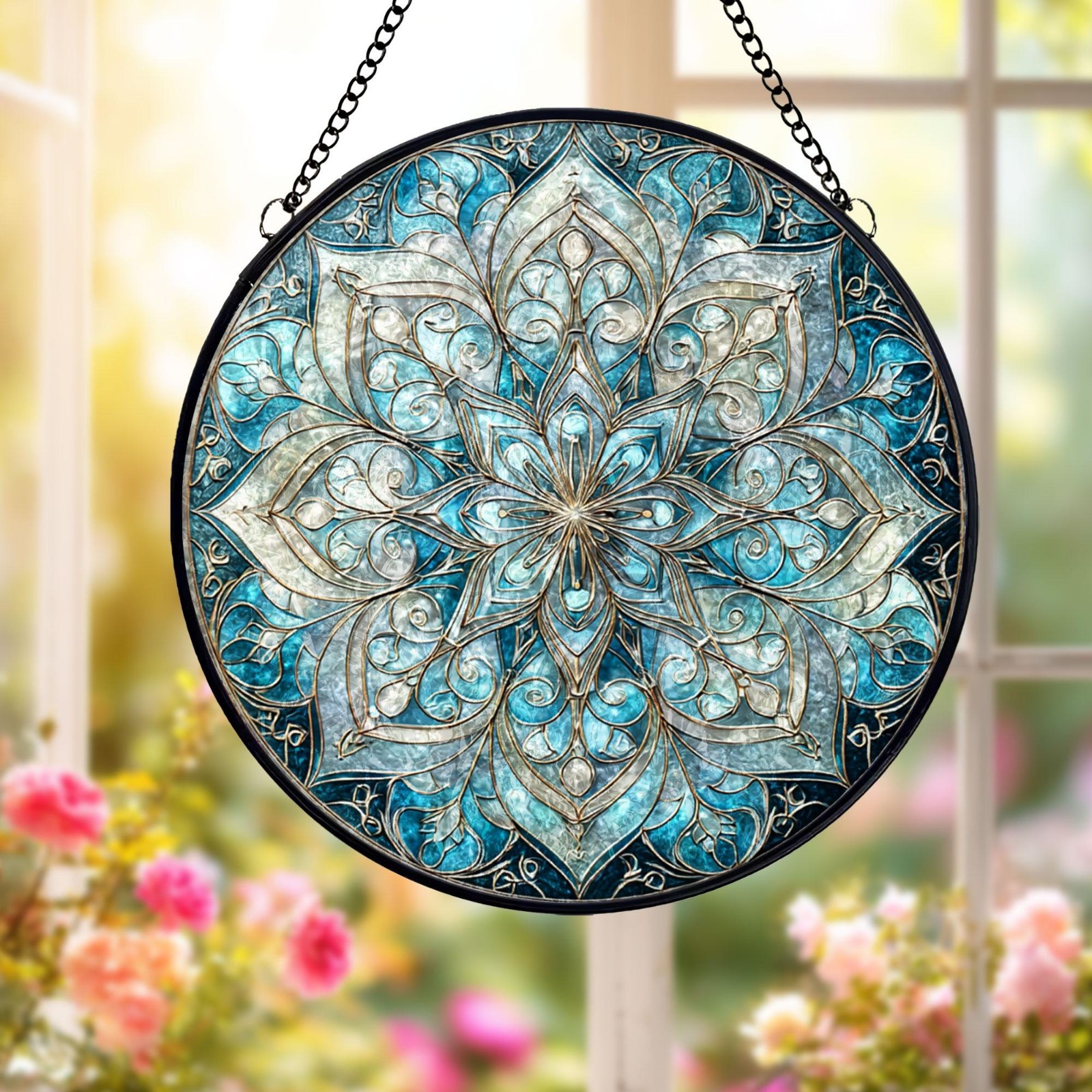 Blue Mandala Stained Glass Suncatcher, Round Window Hanging