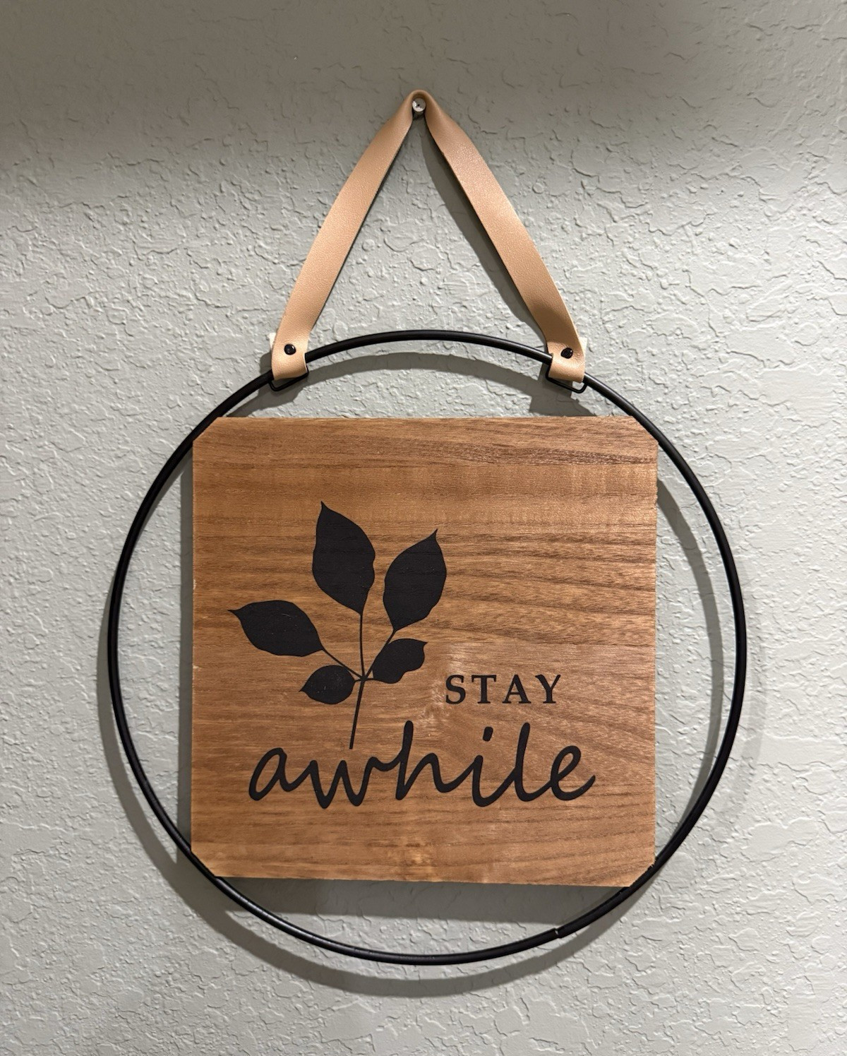 True Living Round Wood & Metal Hanging Wall Plaque “Stay Awhile” Floral 14.5″