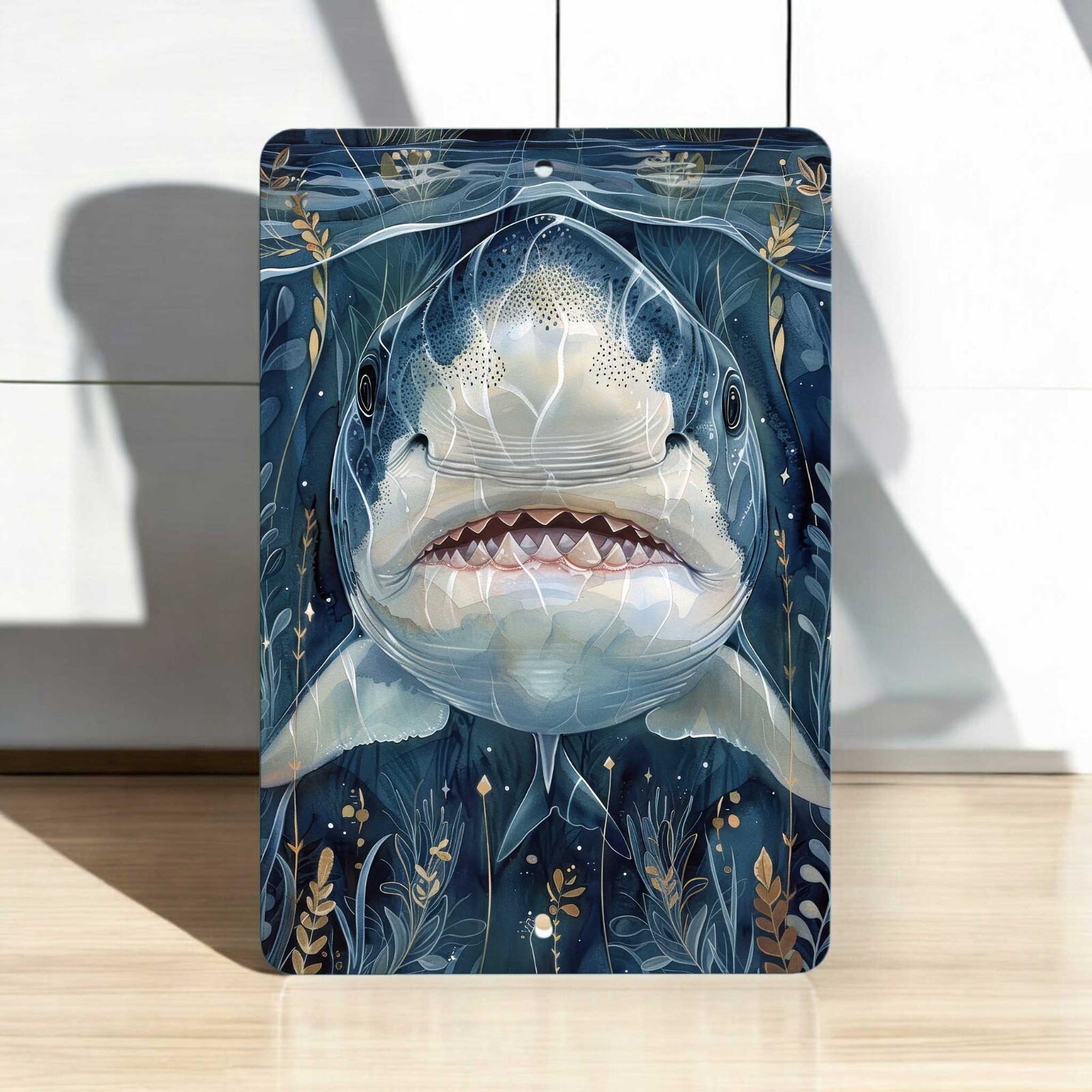 Shark Metal Sign – Fantasy Ocean Wall Decor with Plants and Water Detail, 8×12
