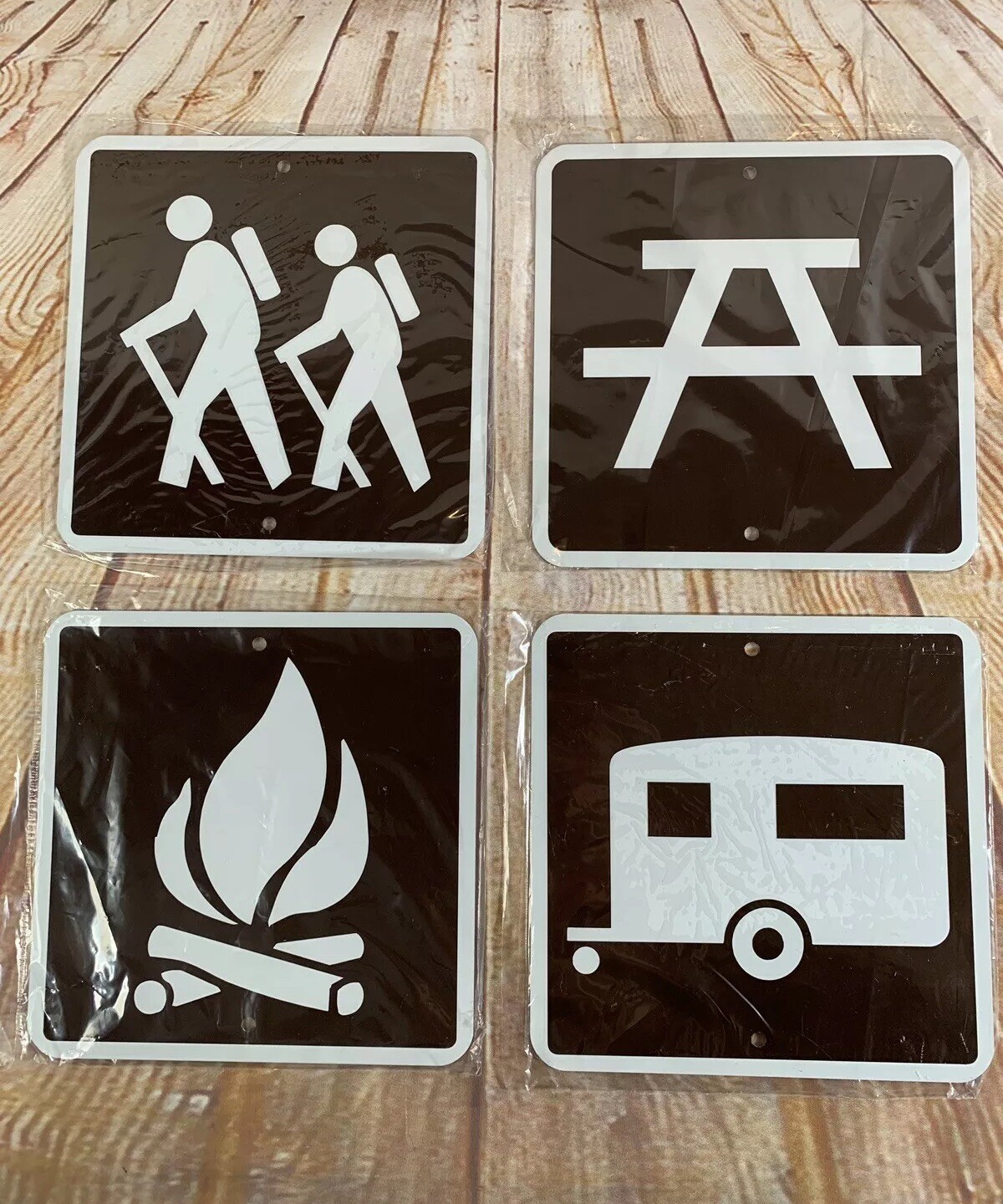LOT of 4 Metal Park Signs Camping Trailer, Hiking, Picnic & Campfire 6″x6″ – NEW