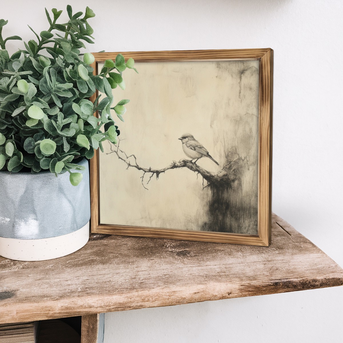 Vintage Bird Sketch Framed Art Retro Woodland Animal Wall Decor for Home Bedroom