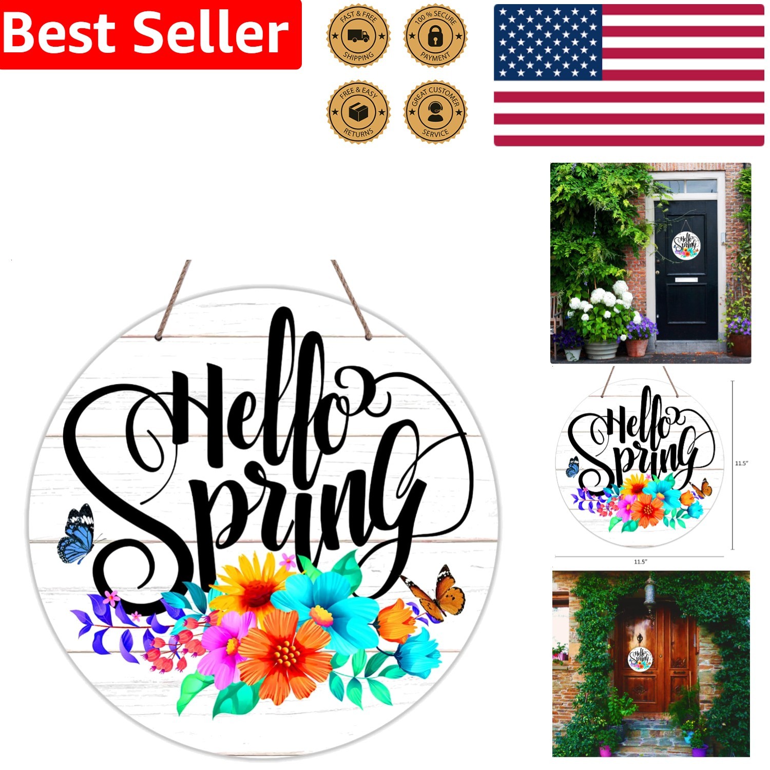 Round Hello Spring Outdoor Indoor Front Door Decor