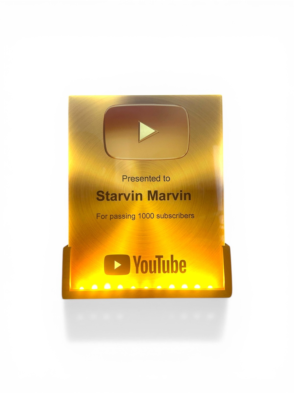 YouTube LED Lights Glass Gold Play Button Plaque Award On Wood Stand | 8×10