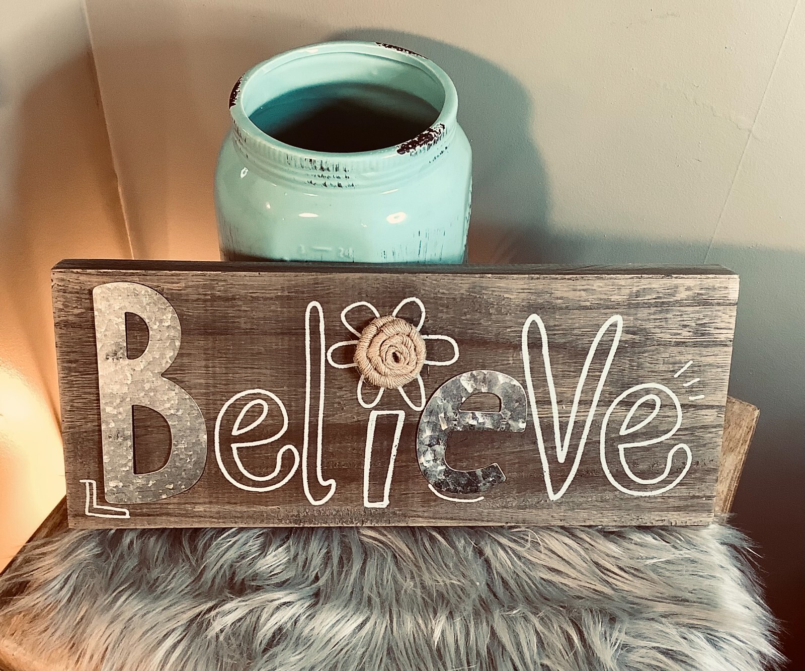 Kirkland’s Mixed Media BELIEVE Wooden Sign (galvanized metal + burlap)