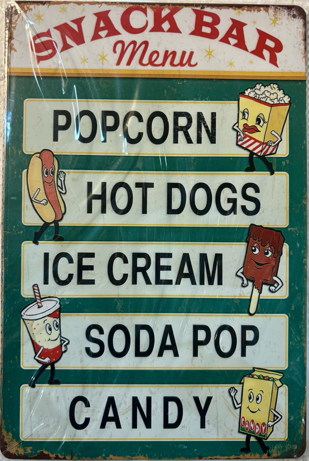 TIN SIGN 8×12 Snack Bar Menu Popcorn Hot Dogs Ice Cream Candy Soda Pop DD22
