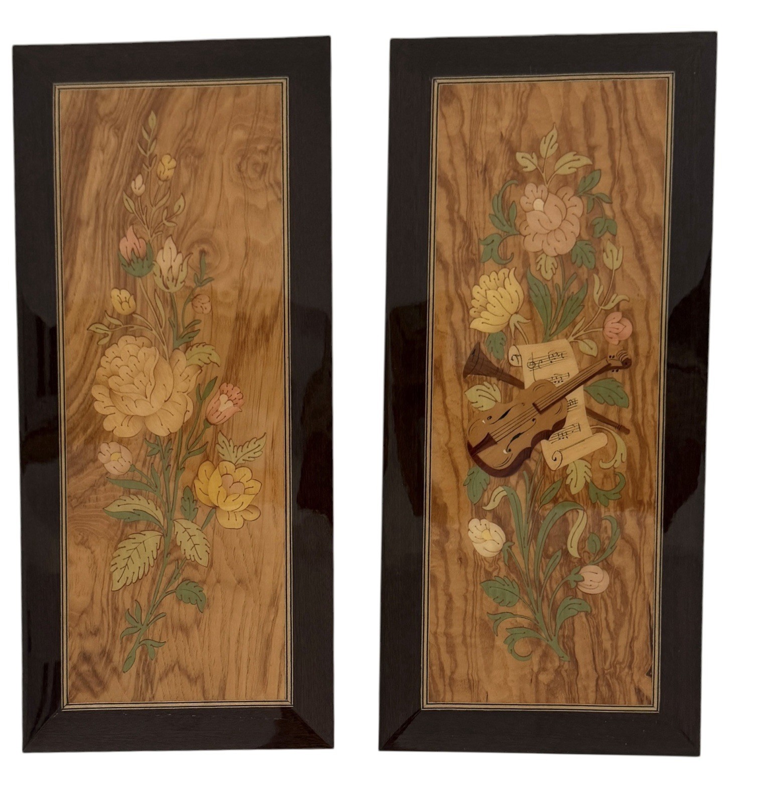 Vintage Italian Marquetry Wall Art Carved Wood Inlay Floral Violin Handcrafted