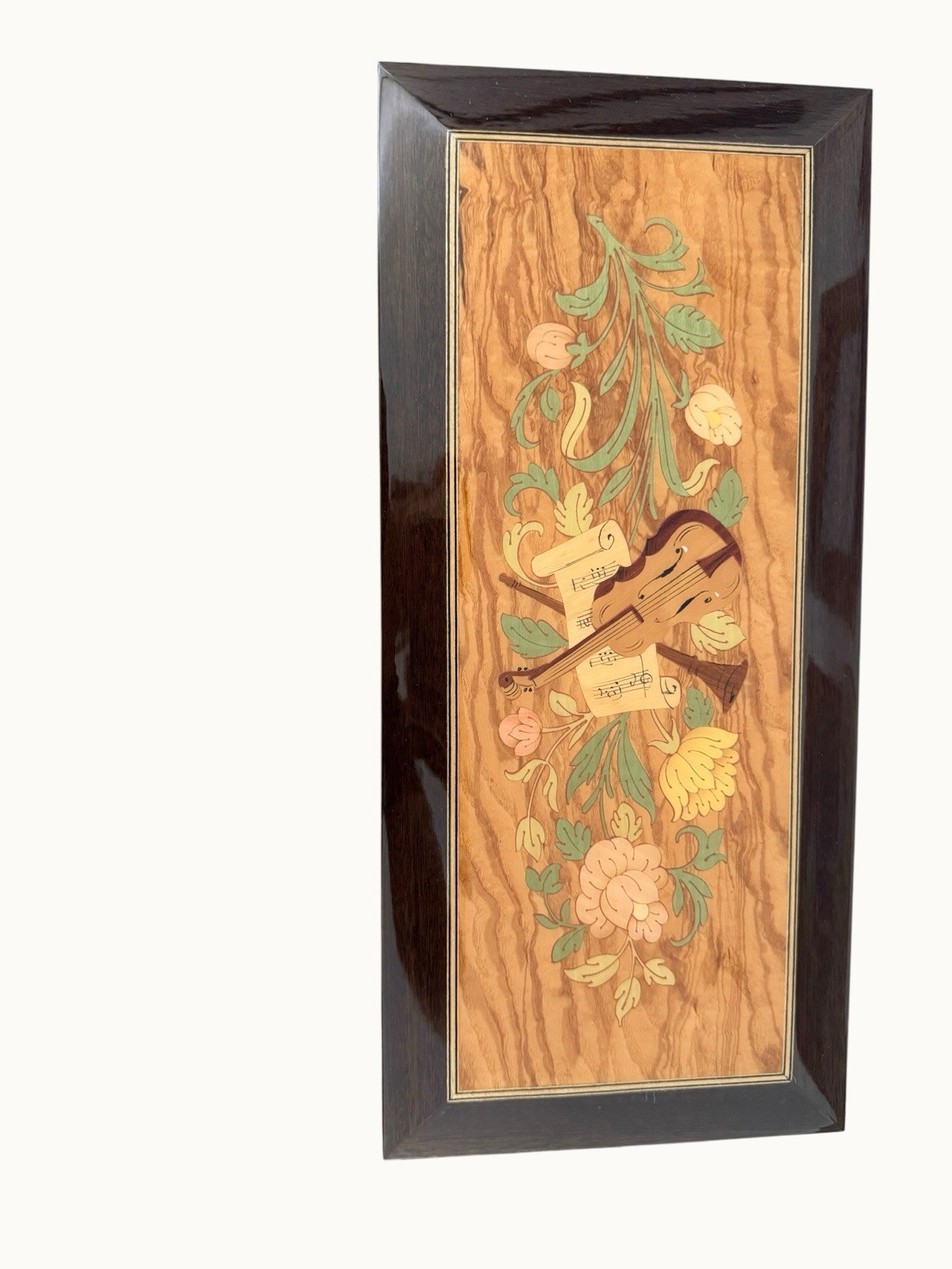 Vintage Italian Marquetry Wall Art Carved Wood Inlay Floral Violin Handcrafted