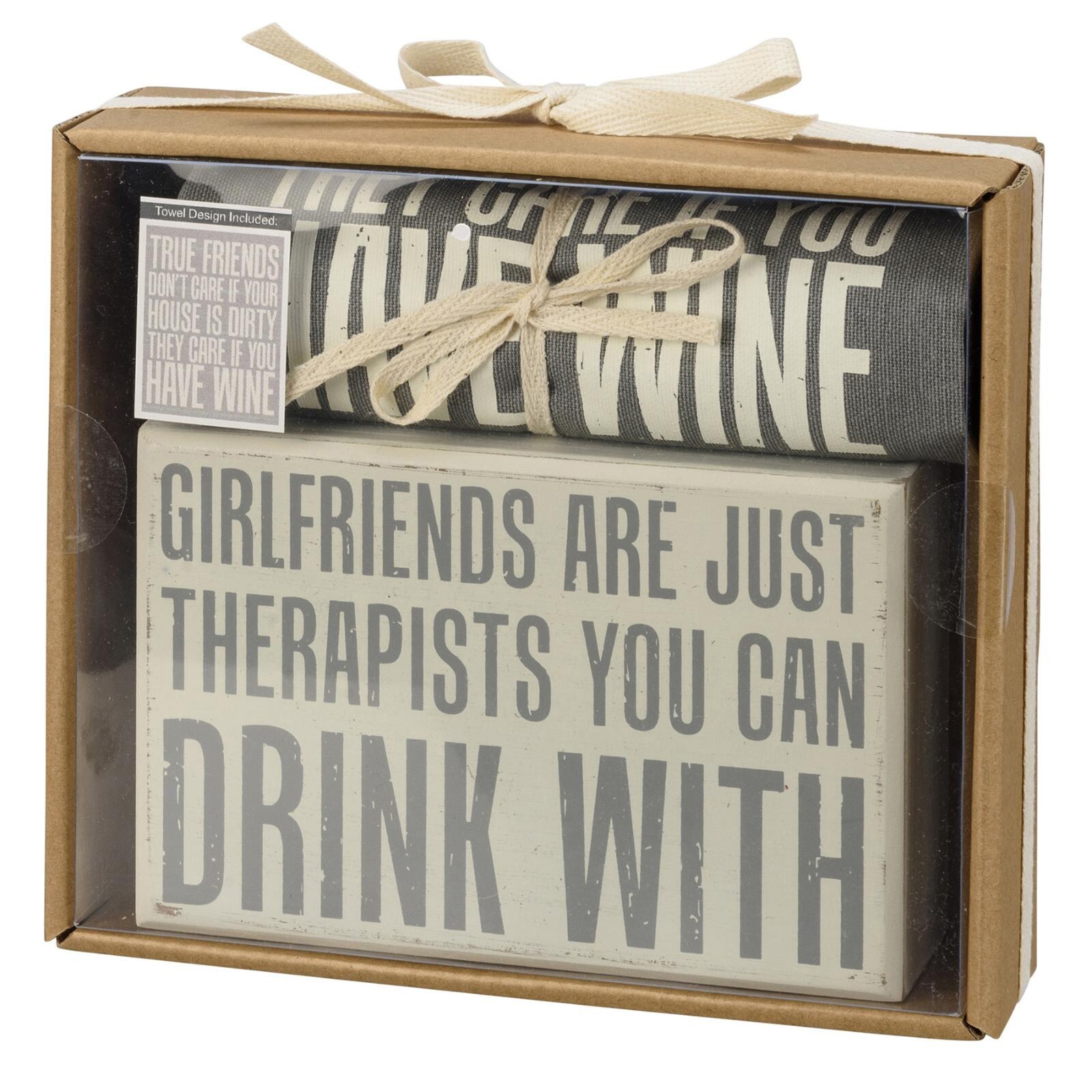 Primitives By Kathy Box Sign & Towel Set Give Girlfriends & Wine NEW