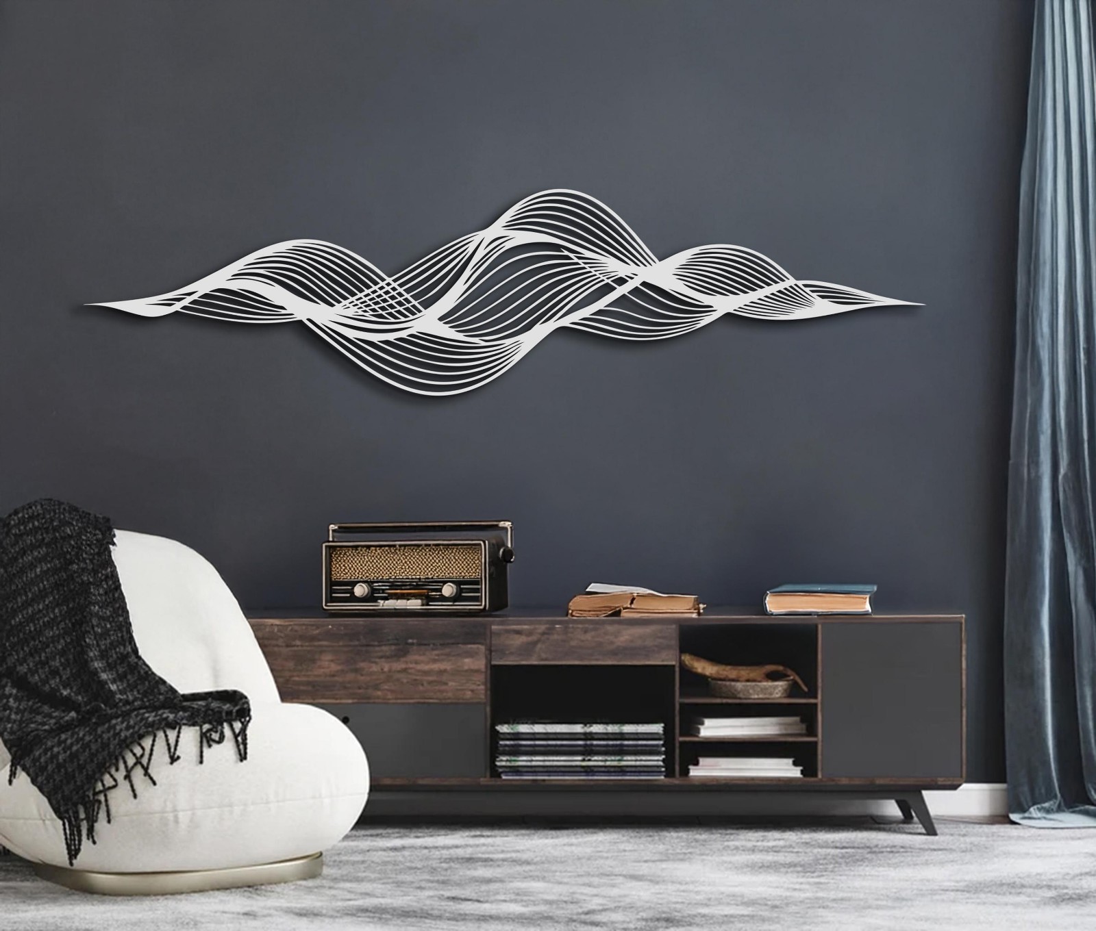 Modern Abstract Flow Metal Wall Art, Horizontal Wave Design, Minimal Black Metal