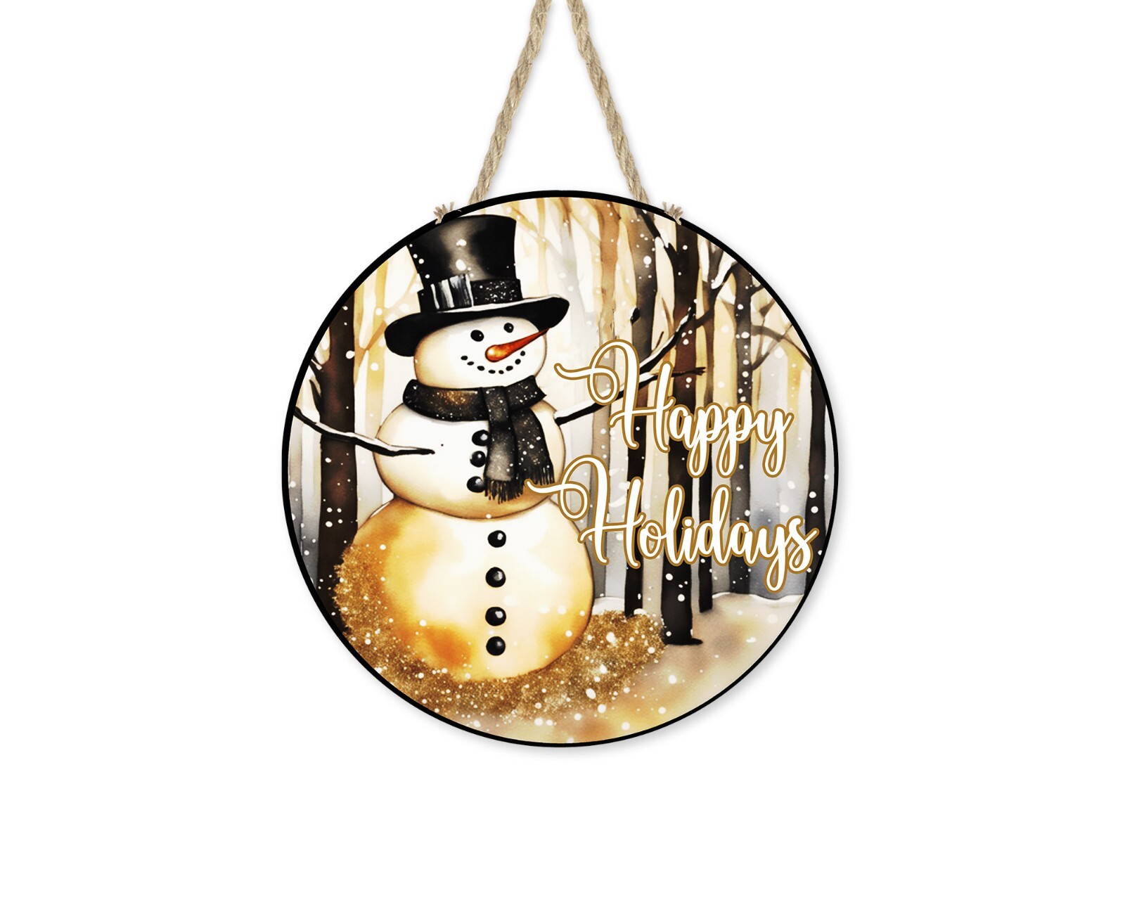 Gold Snowman Happy Holidays Christmas 12 inch Wood Sign Door Hanger, Wreath Sign