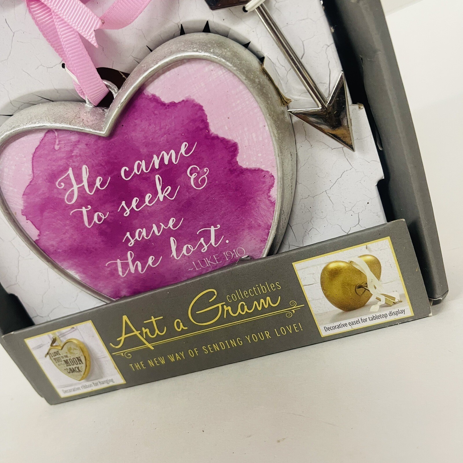Art a Gram Silver Pink Heart Plaque Luke 19:10, Decorative Door Hanging Standing