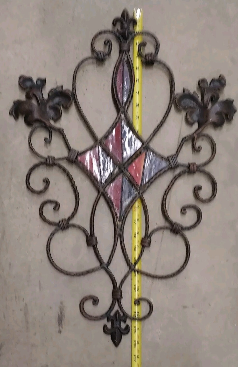 Wrought Iron Stained Glass Gothic Window Wall Hanging Plaque 26.5″ x 17.5″