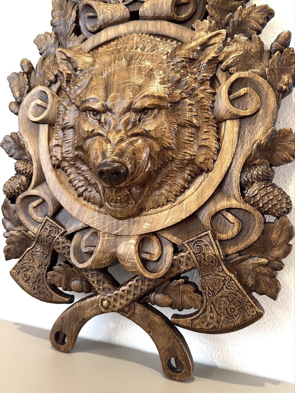 Wolf Wooden carved Wall Plaque Viking Axes Celtic Norse Mythology Relief Decor